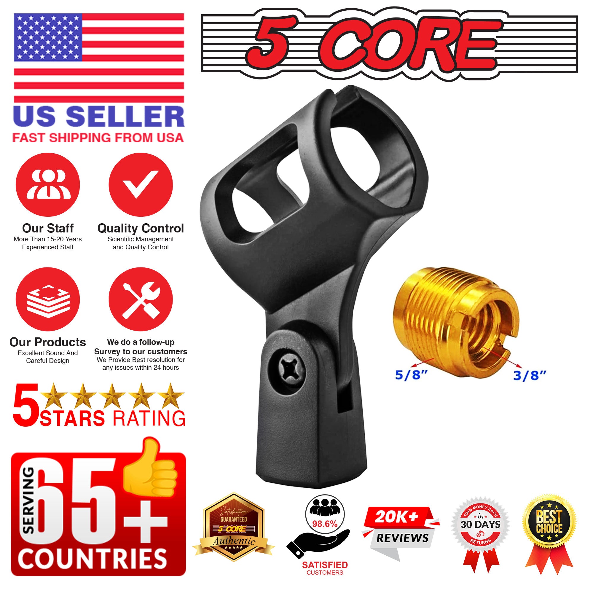 5 Core Universal Microphone Holder 2Pack Barrel Style Mic Clip w Gold Plated 5/8"-3/8" Screw Adapter