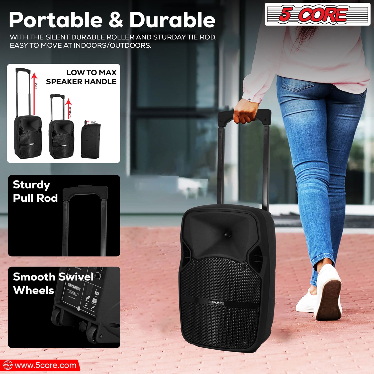 Wireless Mic Party Speaker: 5Core portable PA system, loud and powerful, ideal for DJ and karaoke use.