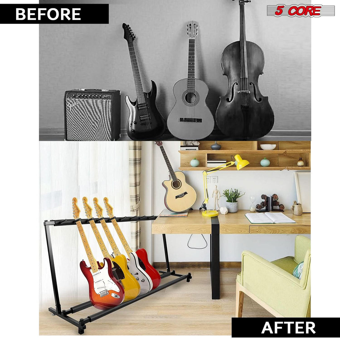 Multi guitar rack and guitar accessories kit, suitable for acoustic guitar stand floor use.