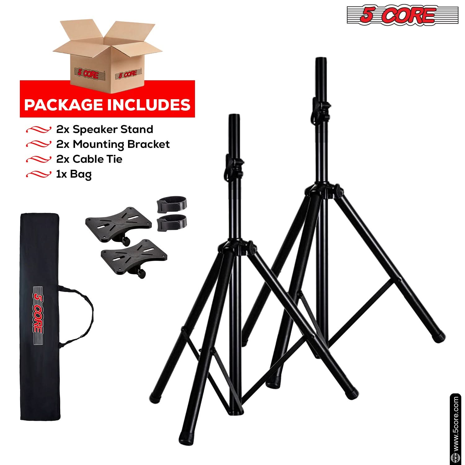 5 Core Speaker Stand Tripod Floor Adjustable Up to 48 Inch DJ Studio Monitor Stands Pole Mount Pair BLACK