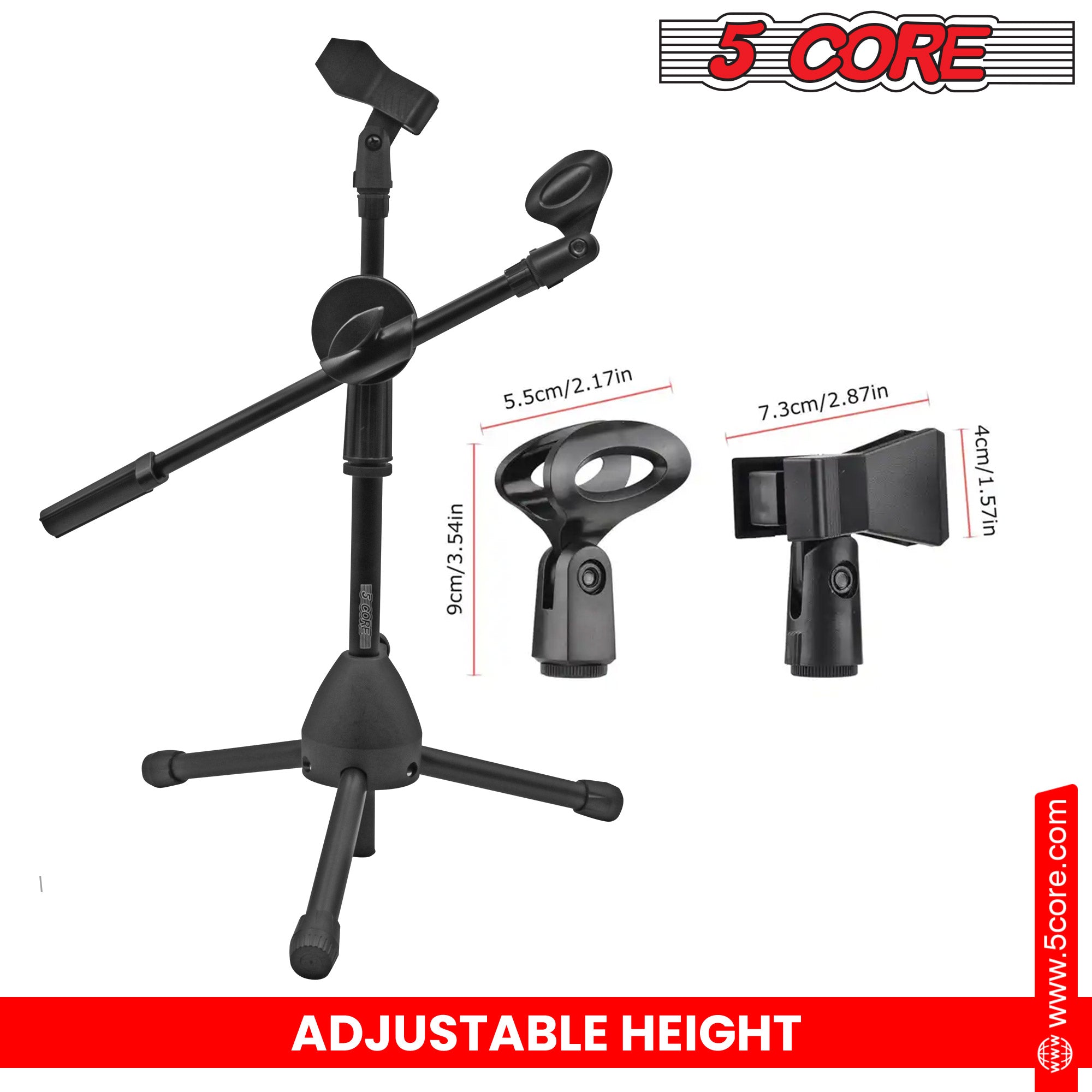 5 Core Short Microphone Stand with Boom Arm Height Adjustable Low Profile Mic Tripod Stand Mini Mic Holder360 Rotating with Dual Mic Clip - MS DBL S