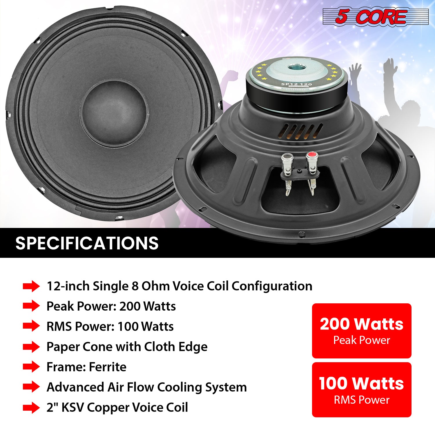 Powerful 12 Inch Subwoofer for PA and DJ, 200W Max, 8Ohm, 5 Core Replacement Speaker