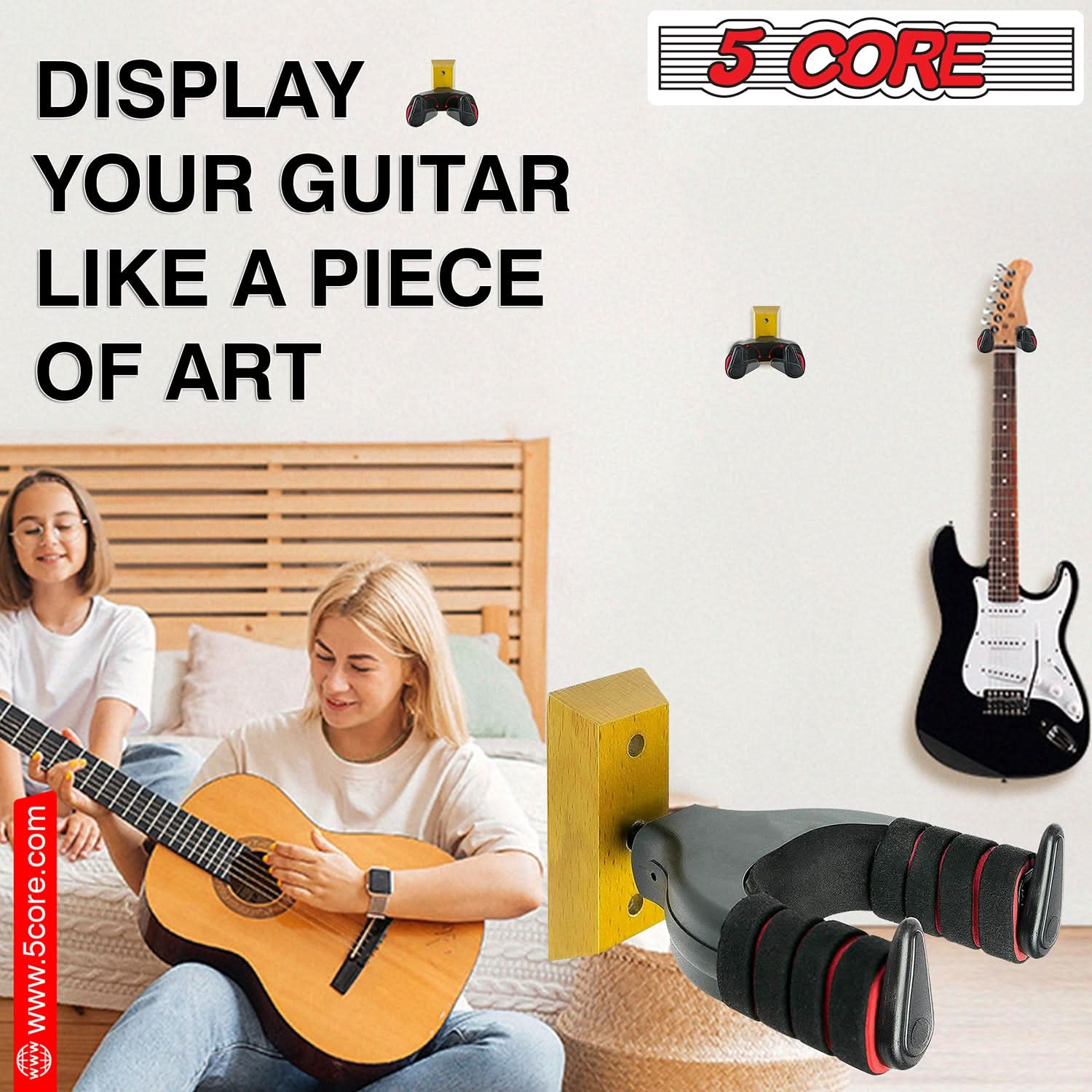 Guitar Display Wall Hook Holder by 5 Core - Adjustable Hardwood Base