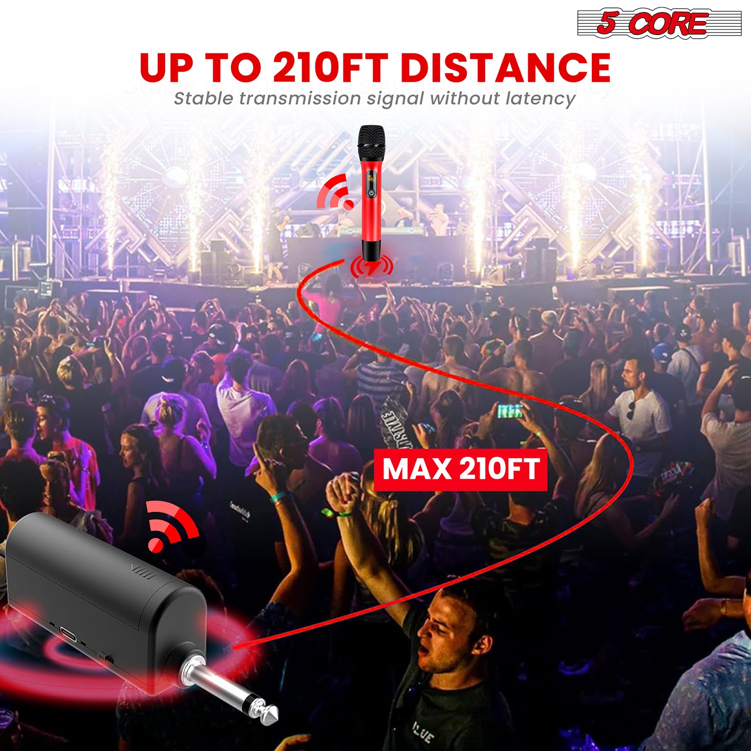 5 Core UHF Wireless Microphone • 210FT Max Range Microfonos Inalambricos • Cardioid Karaoke Dynamic Mic Red Black/ Red Gray