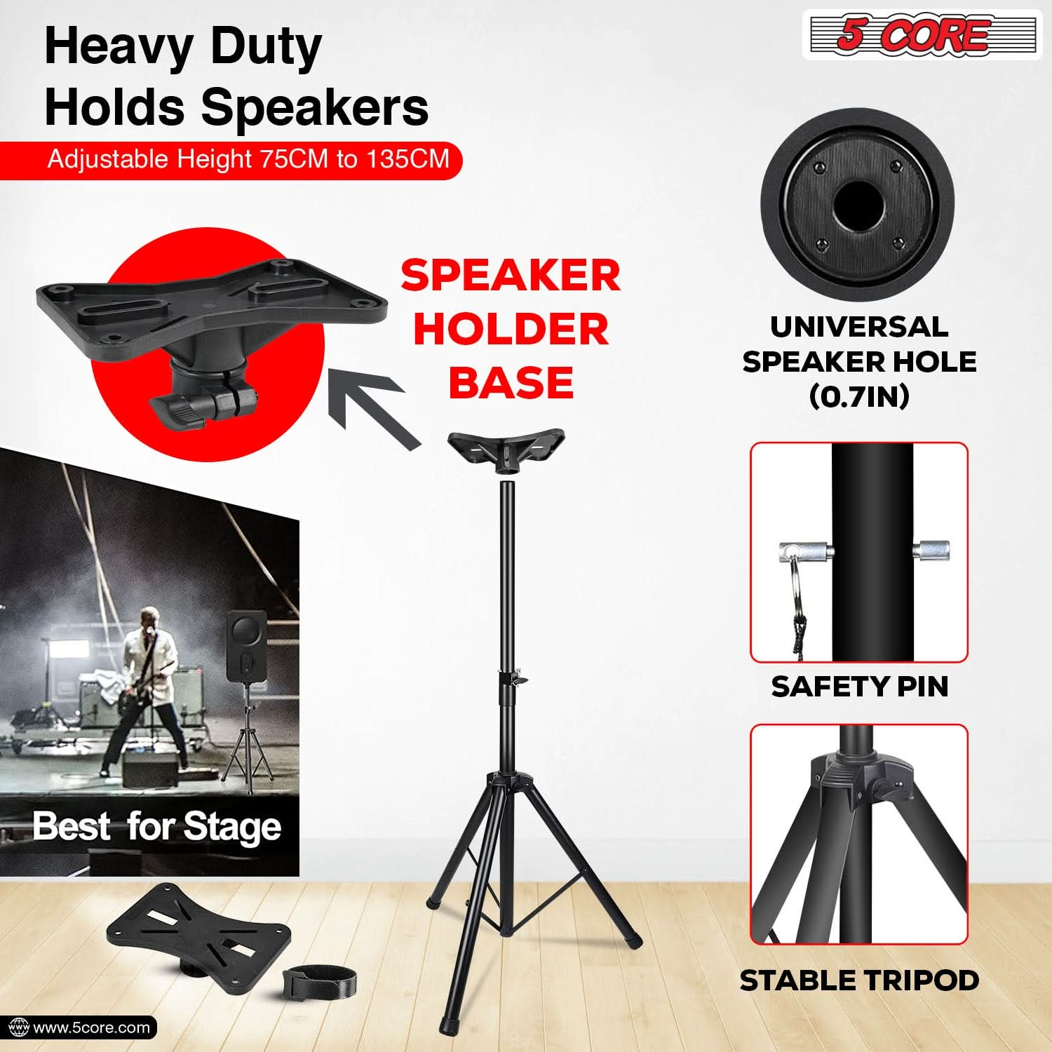 5 Core Speaker Stand Tripod Heavy Duty Adjustable Up to 72 Inch DJ Studio Monitor Stands Pole Mount Black