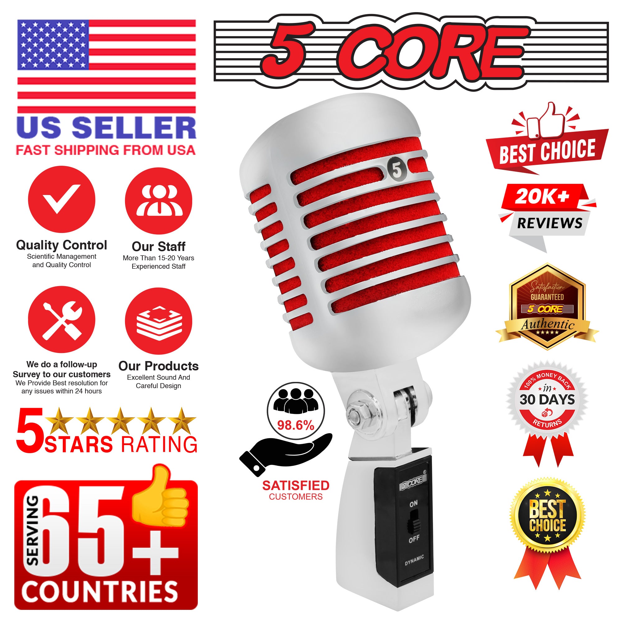5 Core Classic Retro Dynamic Vocal Microphone Old Vintage Style Unidirectional Chrome Cardioid Professional Noise Reduction Mic for Instrument Live Performance Prop Studio Recording -RTRO MIC CH RED