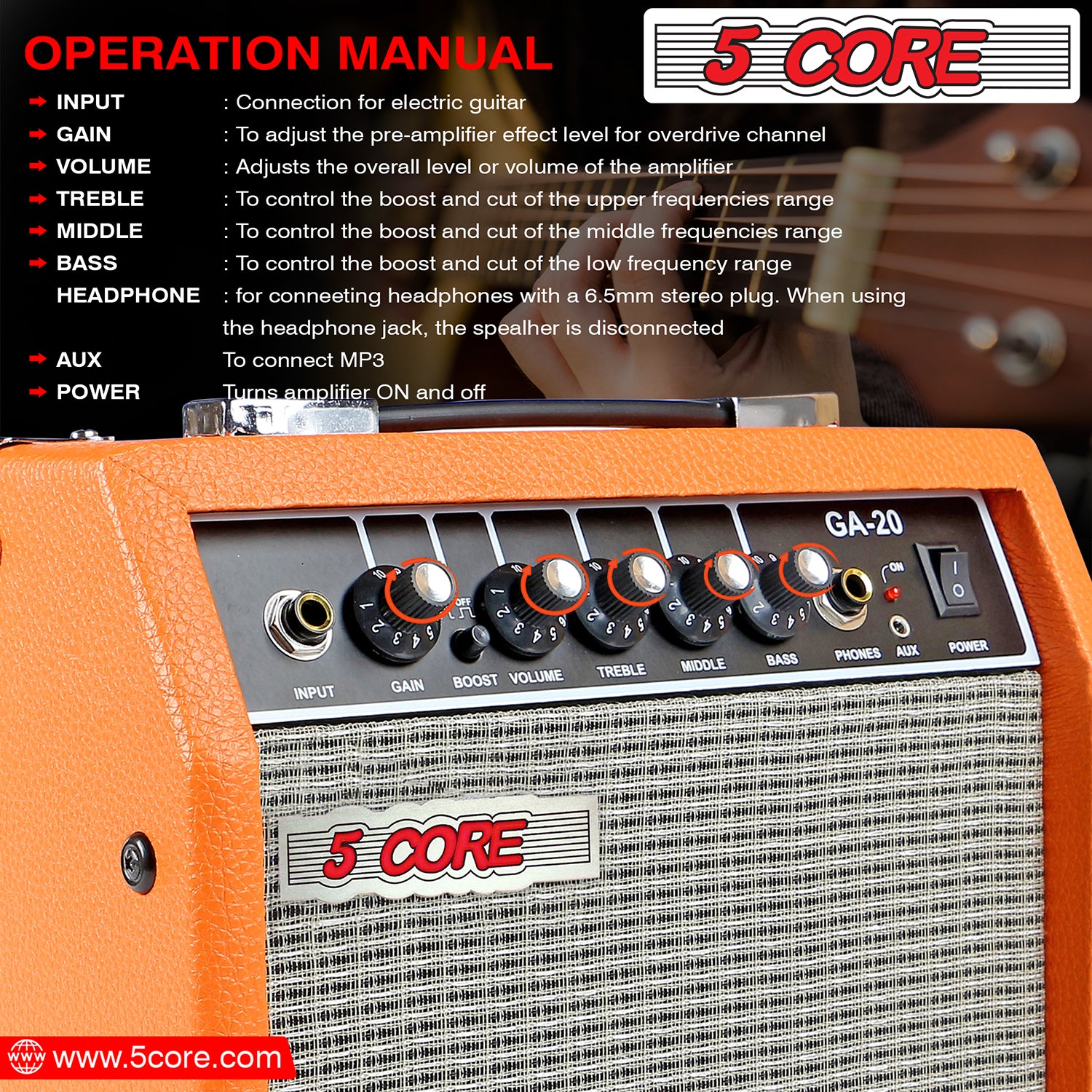 5 Core Mini Guitar Amp Orange 20W Portable Electric Bass Amplifier w 6.5” 4 Ohm Speaker w EQ Control