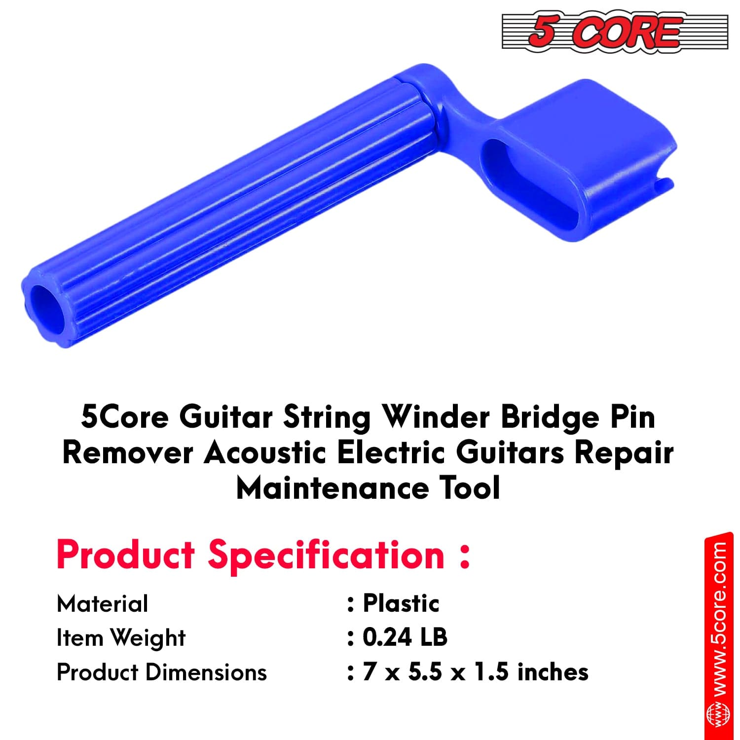 5Core Guitar String Winder Professional Guitars Tools Peg Winder with Bridge Pin Remover BLUE