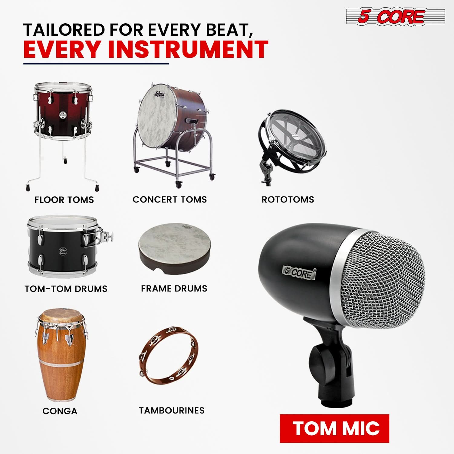 5Core Tom Snare Mic Cardioid Dynamic Microphone for Drum Kit Percussion Instrument BLACK