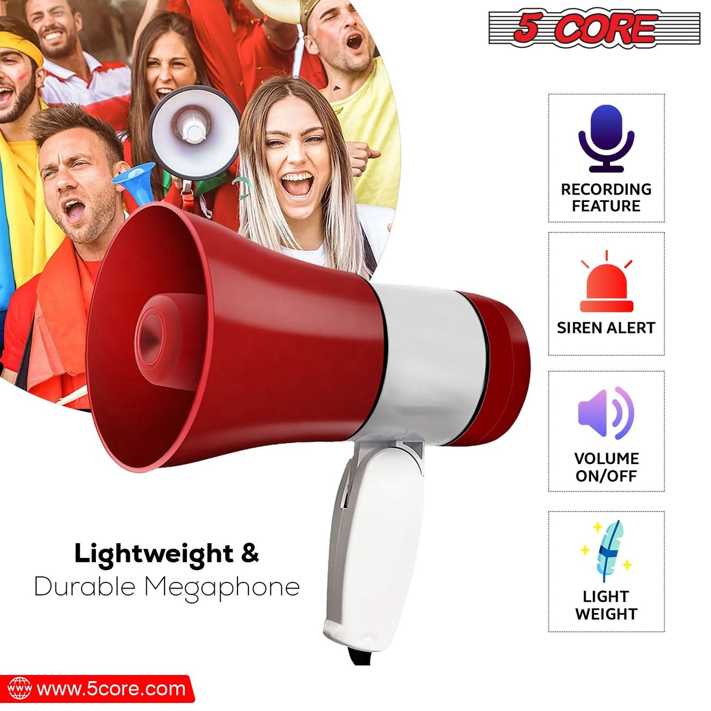 Rechargeable megaphone with siren and bullhorn loud speaker feature