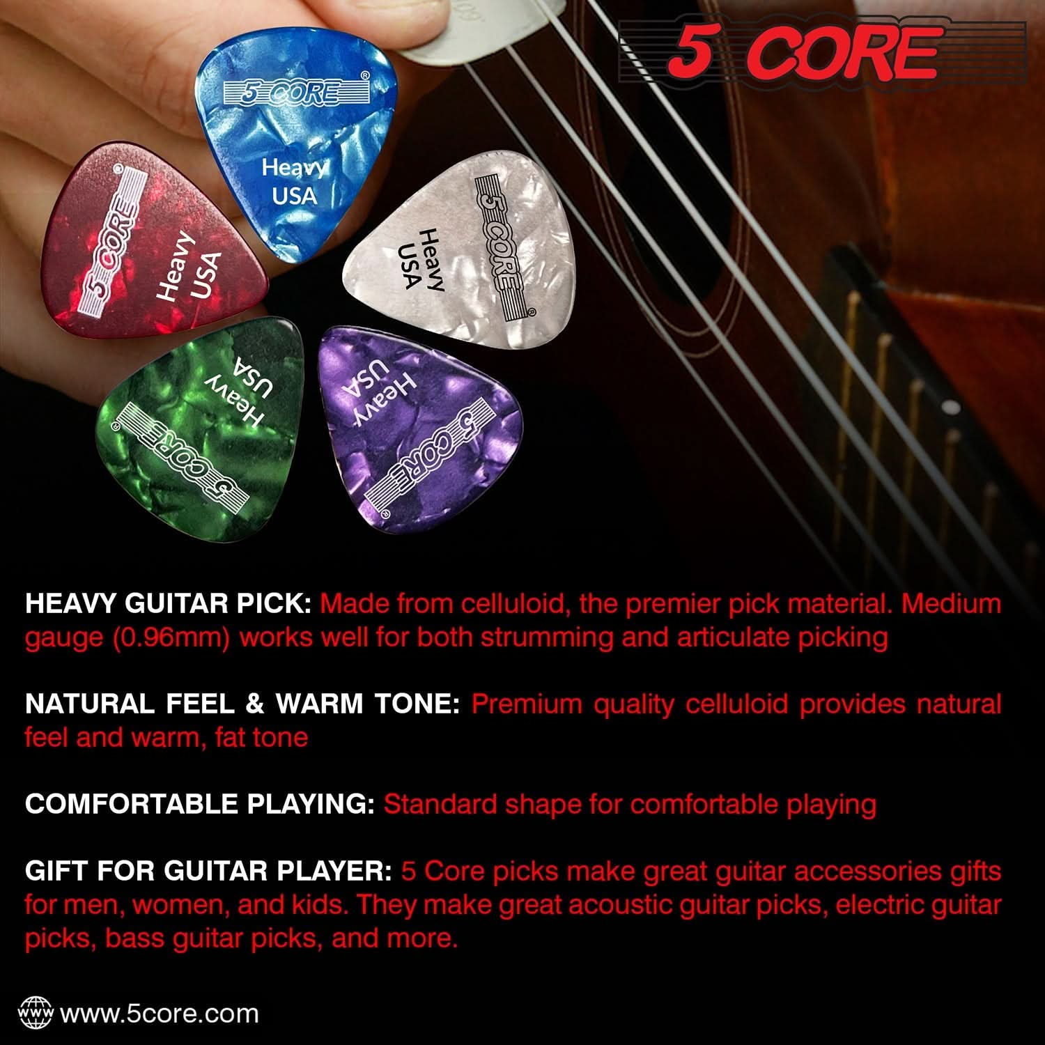 5Core Guitar Picks 0.96mm Celluloid Heavy Gauge Pick - Acoustic Electric Bass Guitars RGWPB