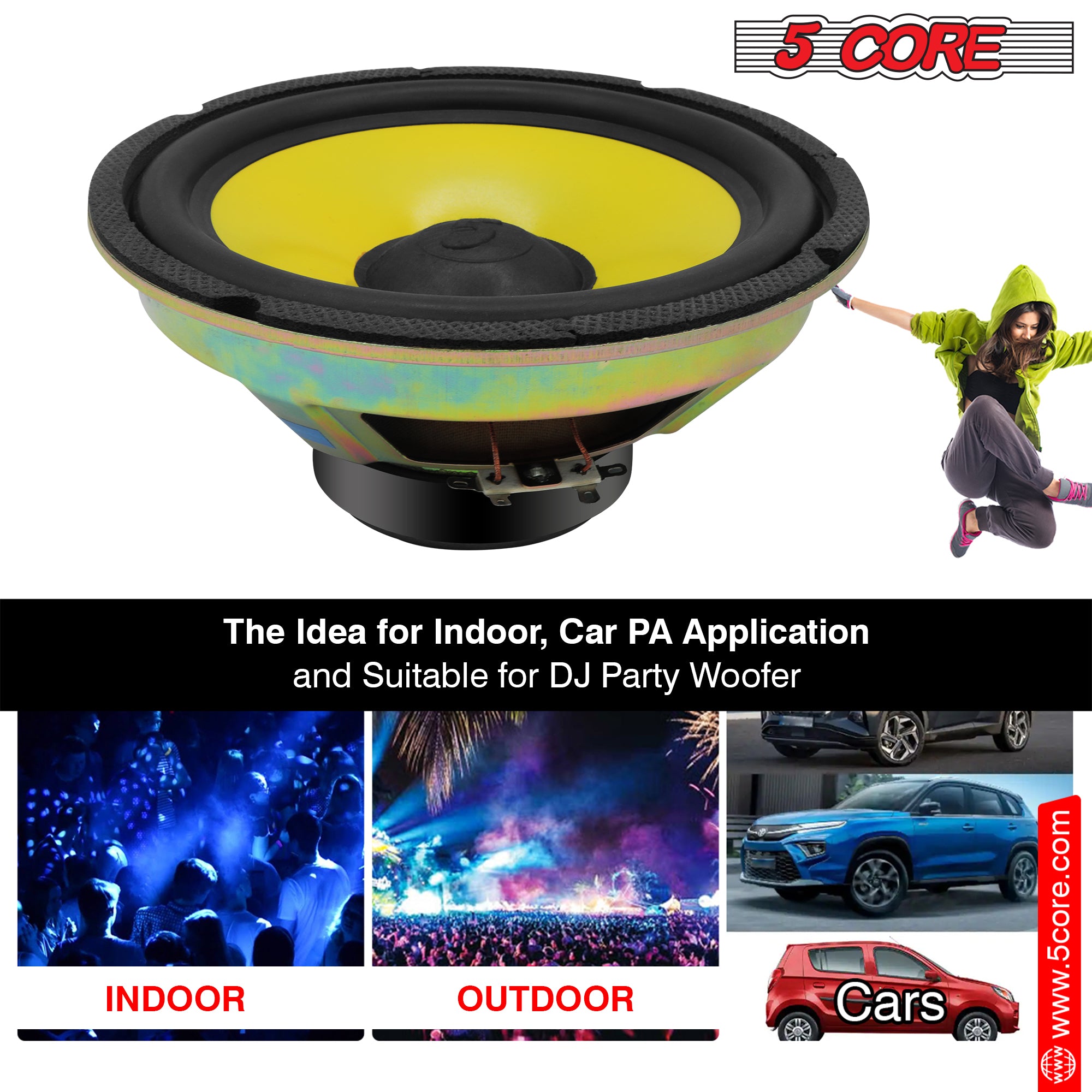 5 Core 8 Inch Subwoofer • 900W PMPO 4 Ohm Car Bass Sub Woofer • Replacement Speaker w 1" Voice Coil