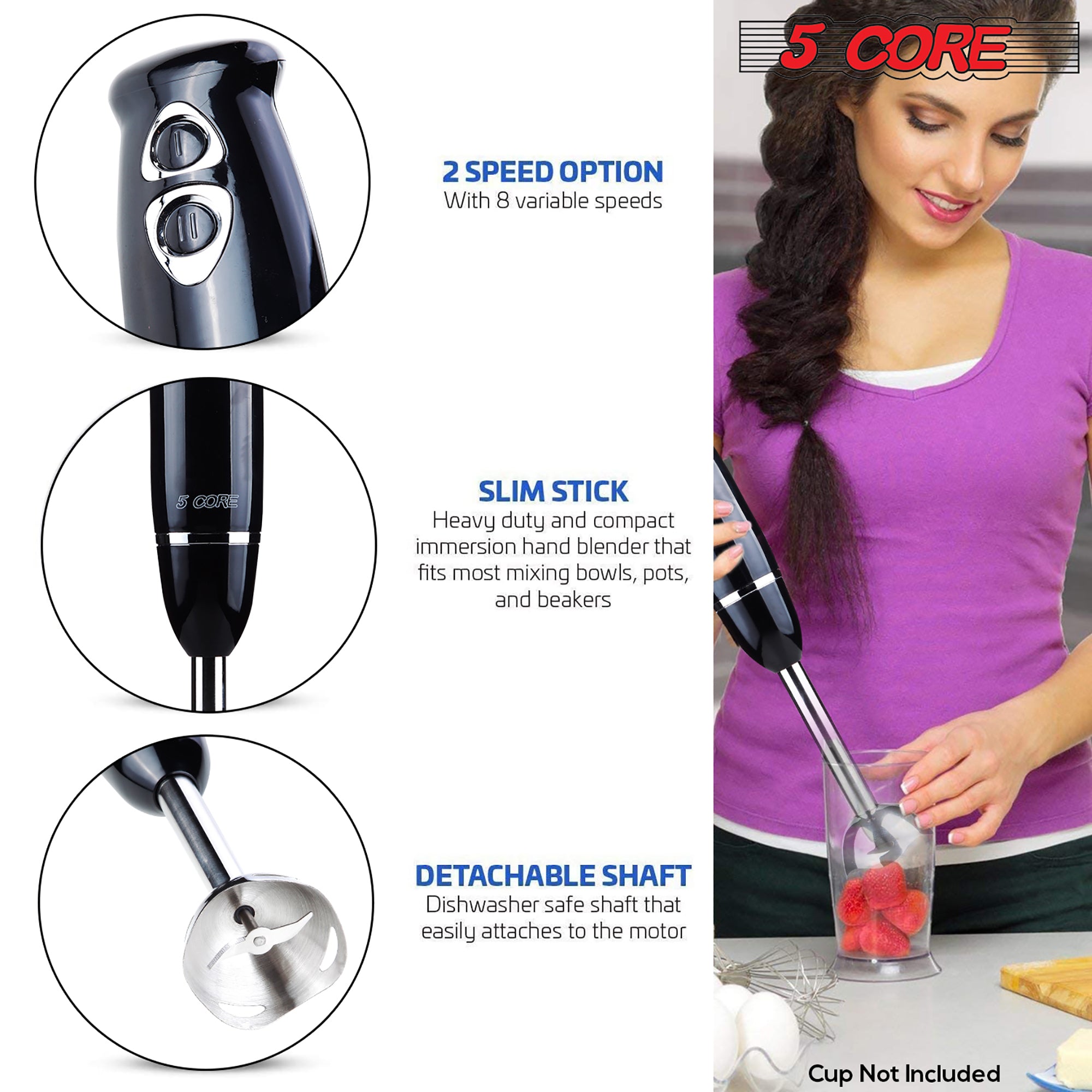 5 Core Hand Blender 500W Immersion Blender Electric Hand Mixer w 2 Mixing Speed 304 Steel Blades