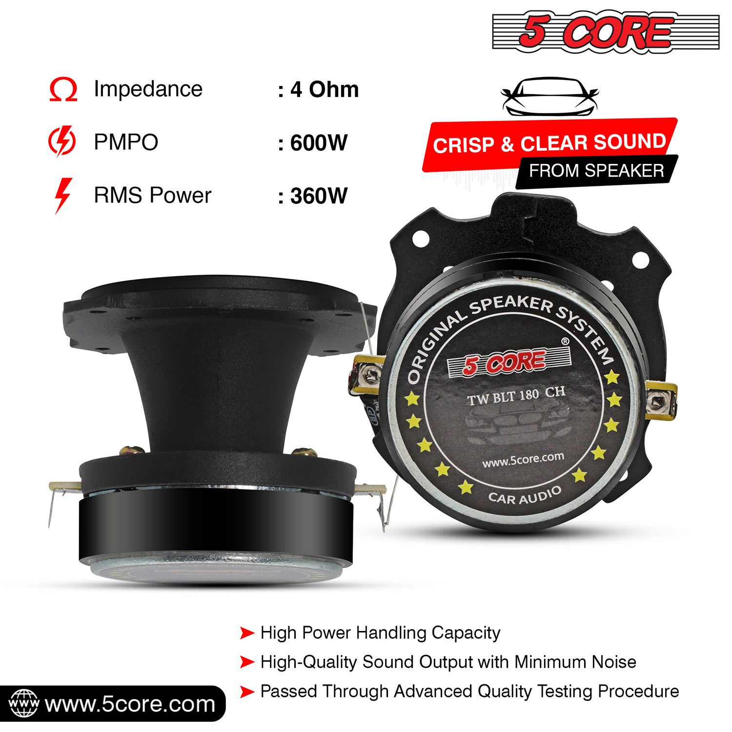 5 Core 6.5 Inch Midrange Door Speaker + Tweeter Combo 580W PMPO Subwoofer 300W PMPO Tweeters