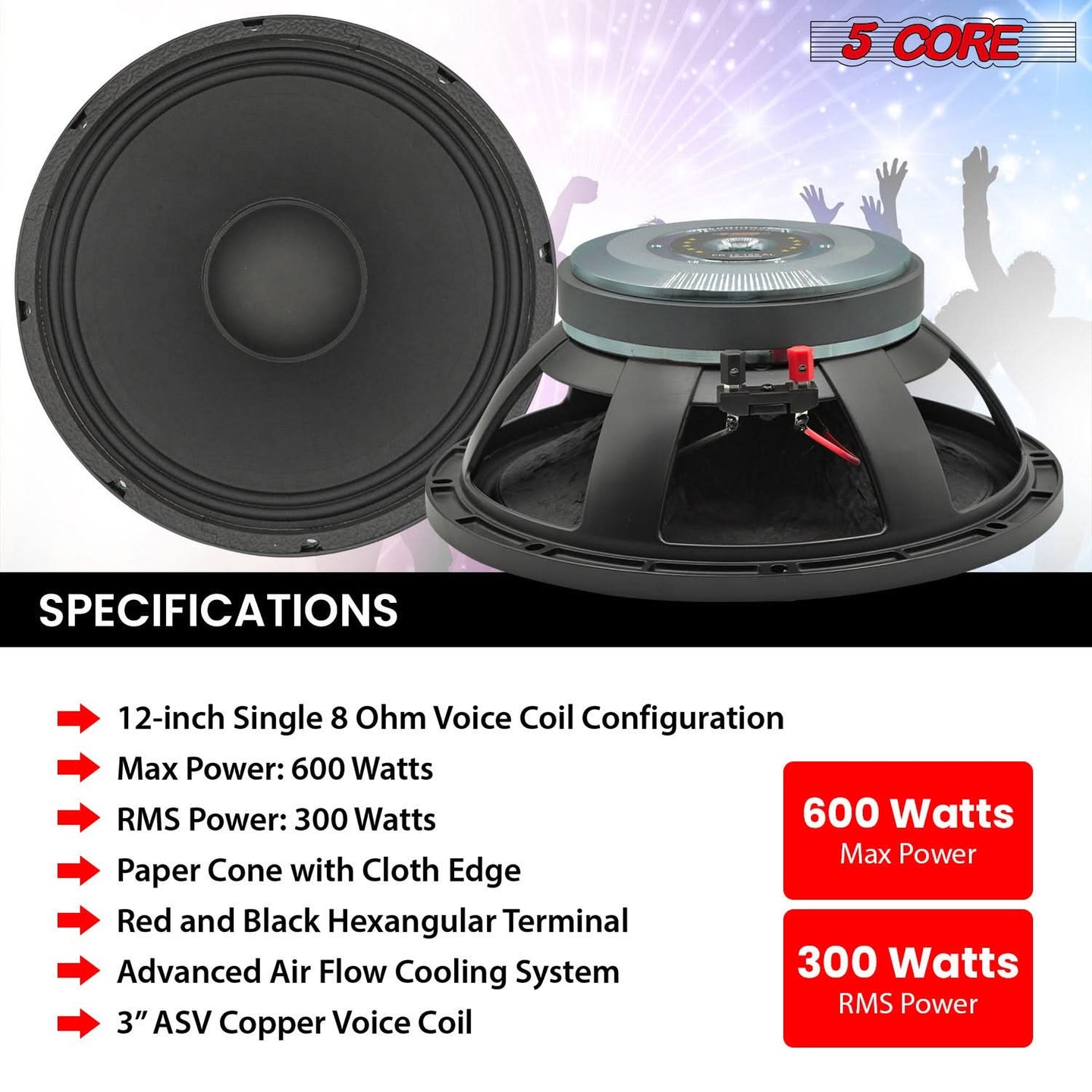 Powerful 12 Inch Subwoofer Speaker by 5 Core - 600W Max, 8 Ohm DJ Bass