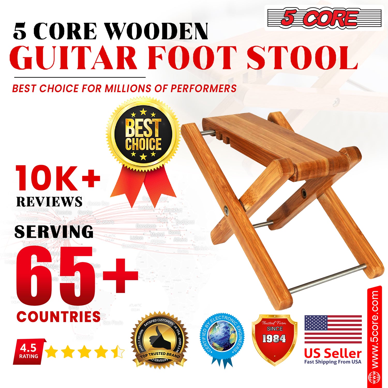 5Core Wooden Guitar Foot Rest Stand 3 Level Adjustable Leg Footrest Sool Stable 1/2 Pc