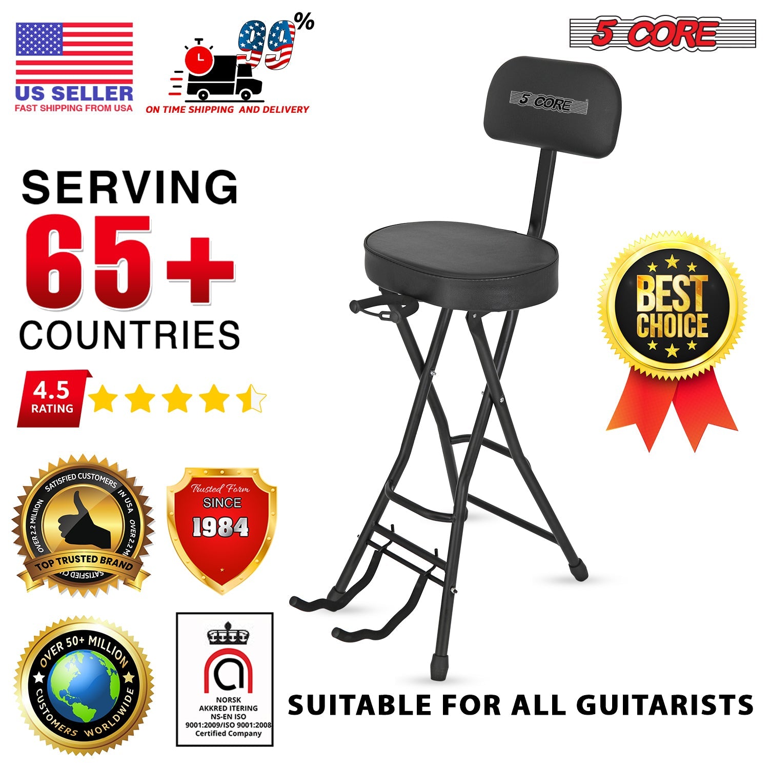 5 Core Guitar Stool w Padded Cushion Ergonomic Backrest Heavy Duty 300 Lbs Capacity w Foot Rest