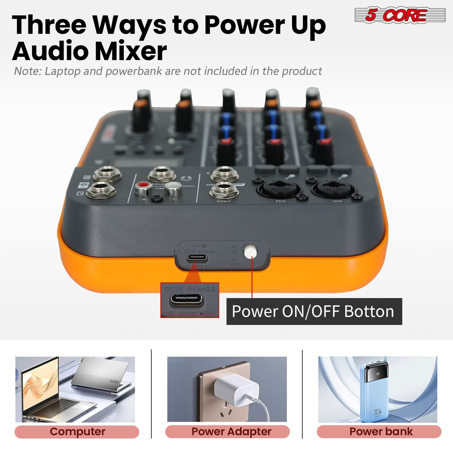 You can power up this volume mixer by plugging it into a power outlet, using USB power, or plug it into an external battery pack