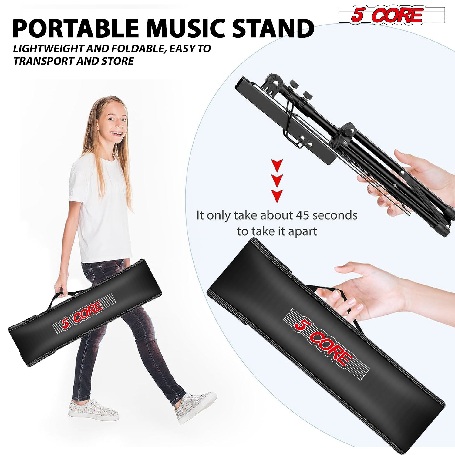 5Core Music Stand For Sheet Music Portable Tripod Adjustable Folding Note Holder Higher BLACK