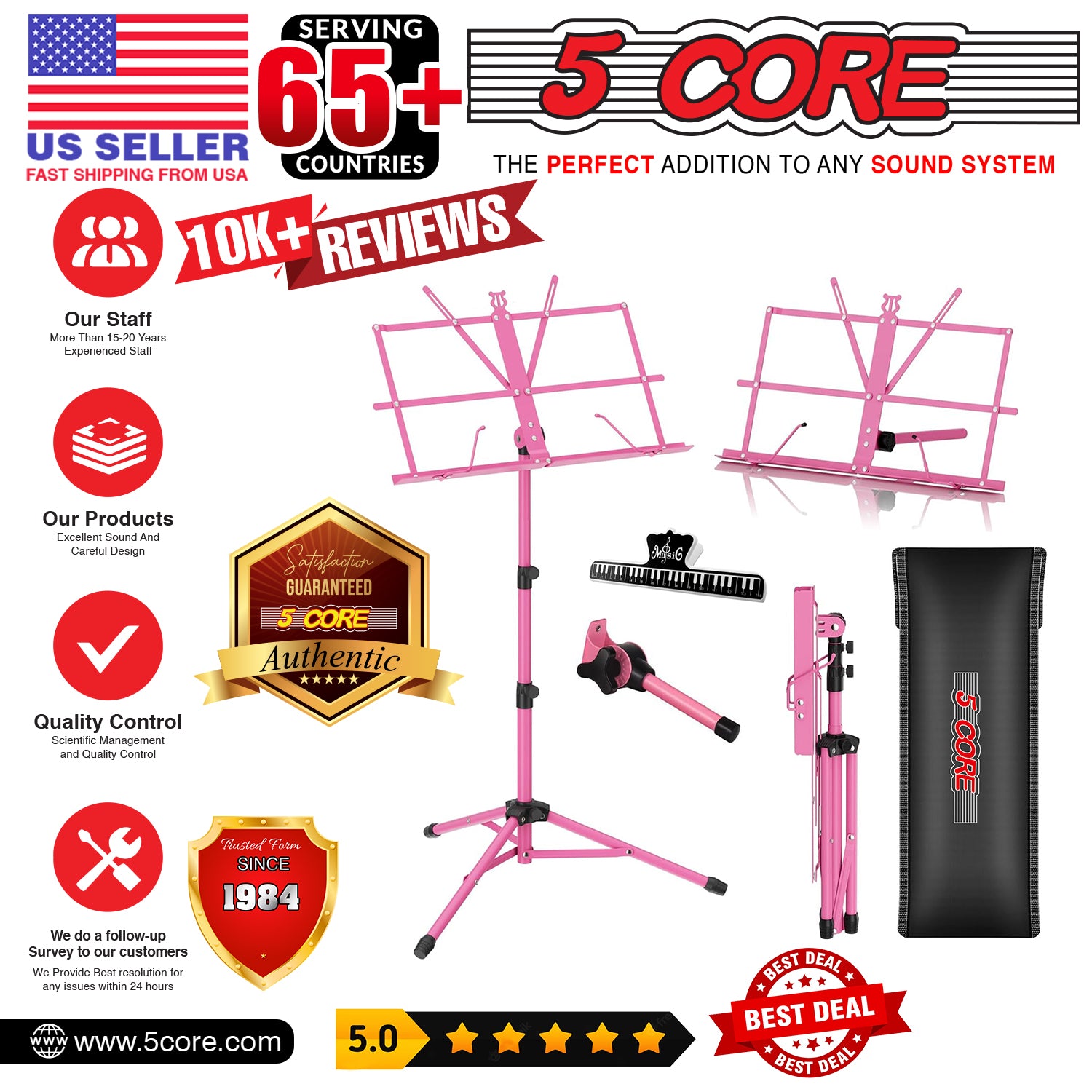 5Core Music Stand For Sheet Music Portable Tripod Adjustable Folding Note Holder Higher PINK