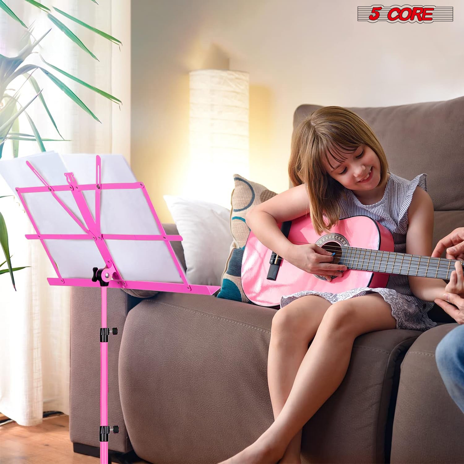 5Core Music Stand For Sheet Music Portable Tripod Adjustable Folding Note Holder With Light PINK