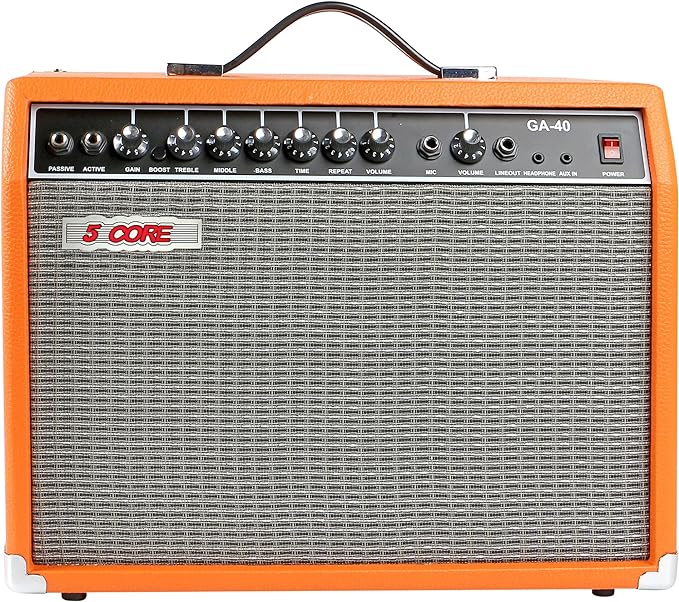 5 Core Guitar Amp Orange • 40W Portable Electric Mini Bass Amplifier w 8” 4 Ohm Speaker • EQ Control