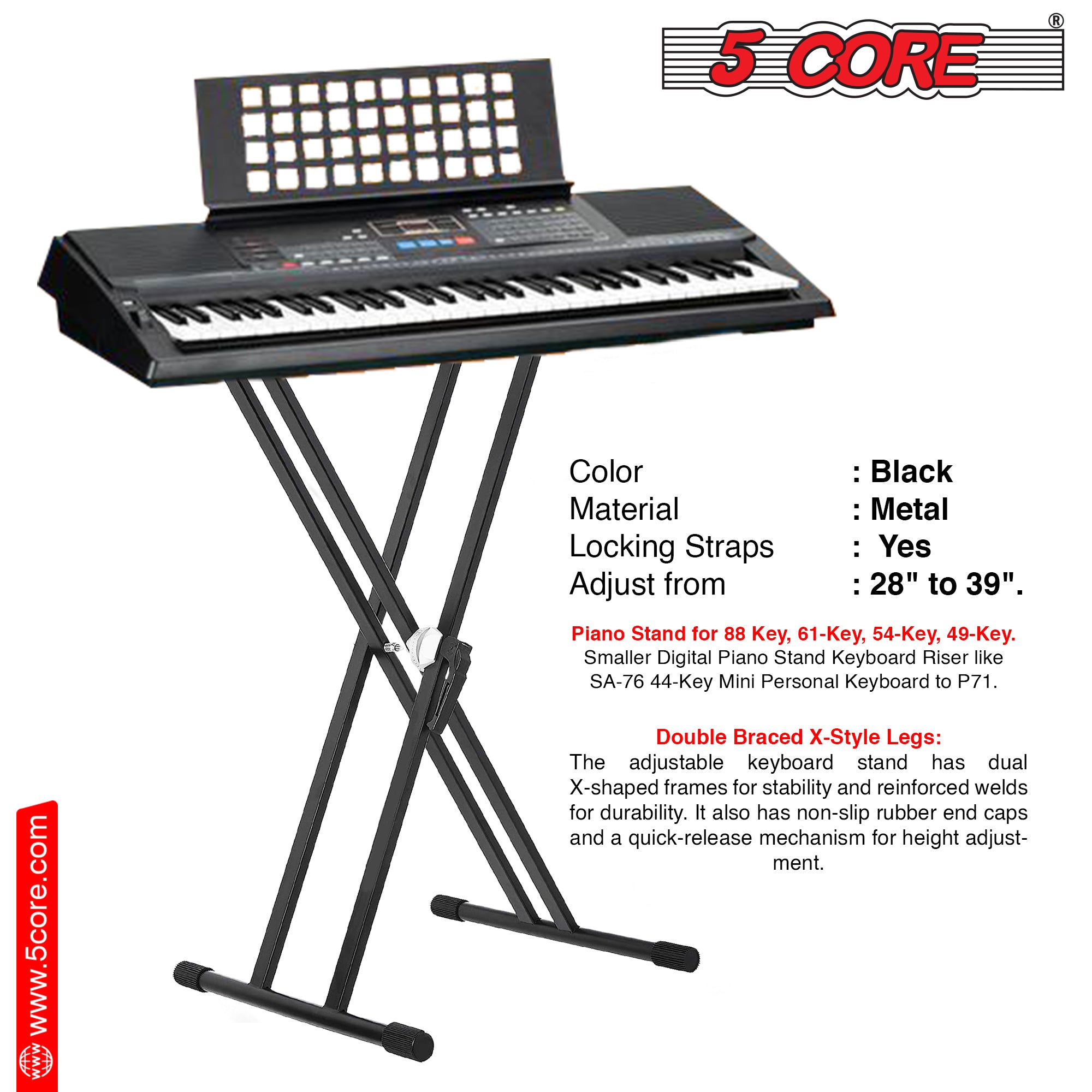5 Core Piano Stand Double Braced w Gear Adjustable Keyboard Stands Metal X Style On Stage Keyboard Seat Durable & Sturdy -KS 2X GEAR