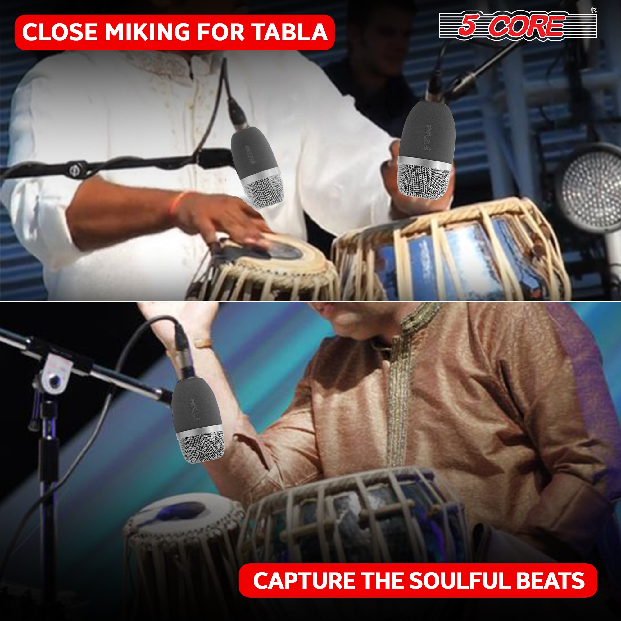 5 Core Tabla Mic • XLR Wired Uni Directional Snare Tom Instrument Microphone w Dynamic Moving Coil