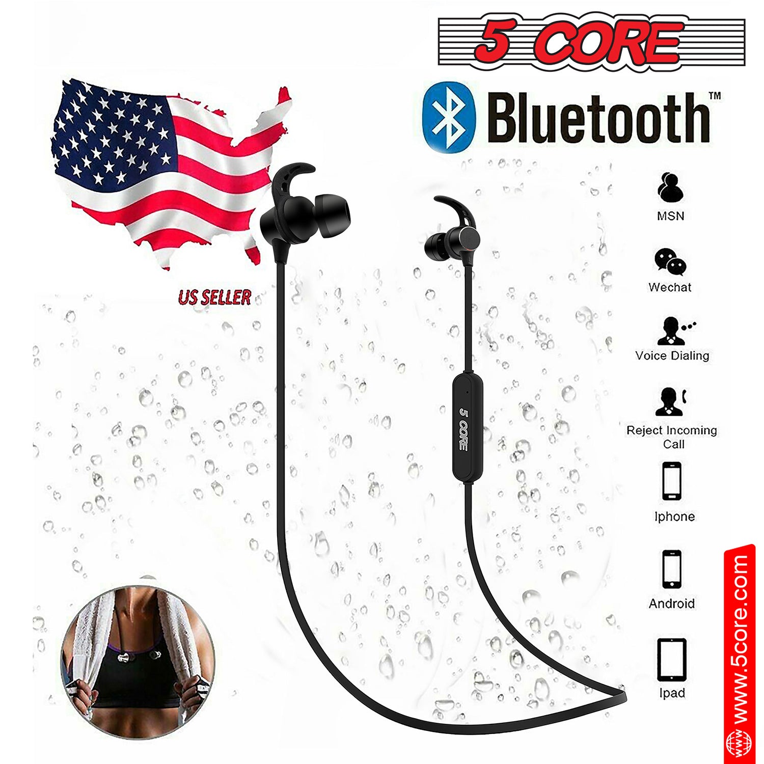 5 Core Wireless Bluetooth Headphones 12H Playtime Wireless Neckband Earbuds w Mic for Calls