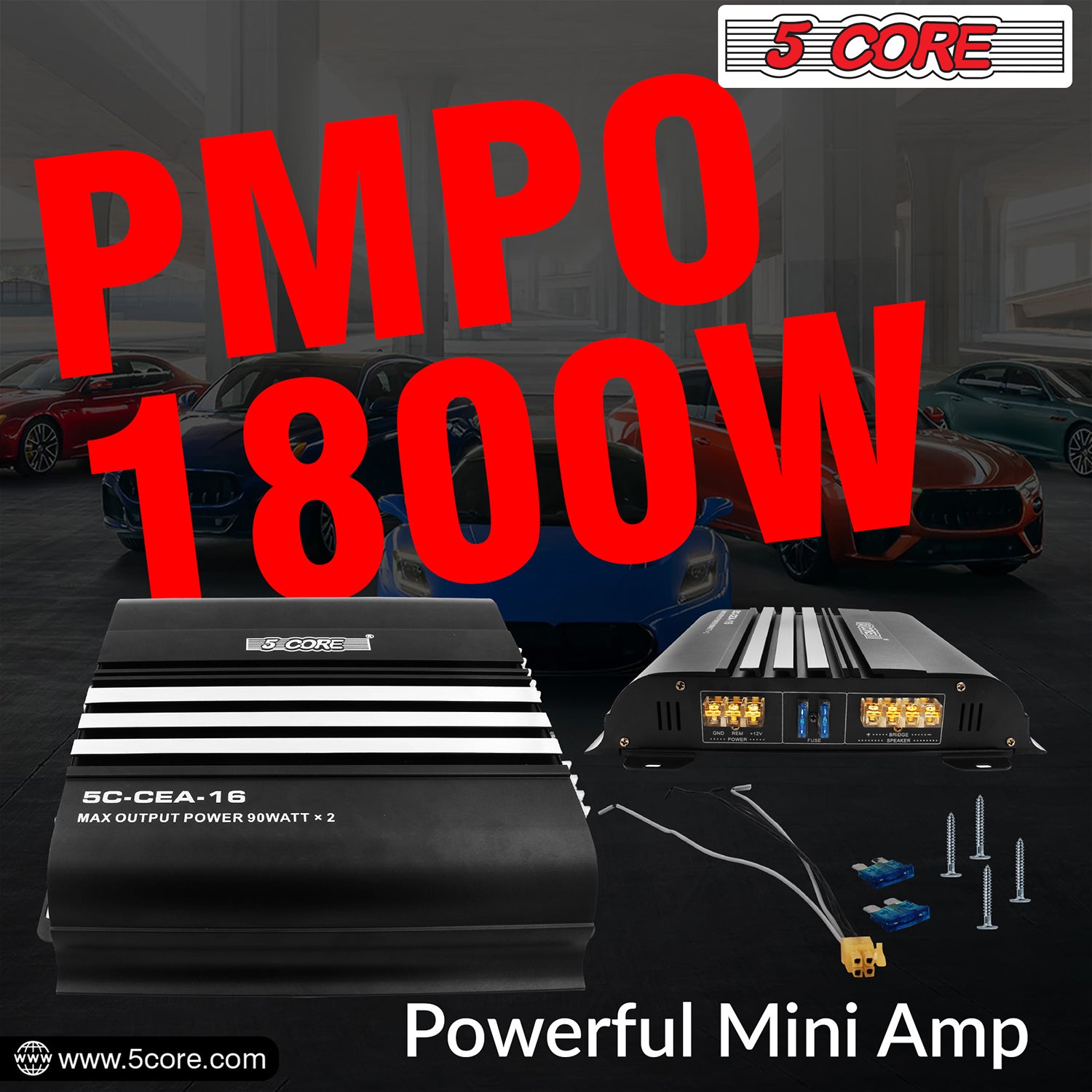 5Core Dual Channel Car Amplifier 1800W Combined Peak Power Sub Woofer Speaker Receiver w RCA Port