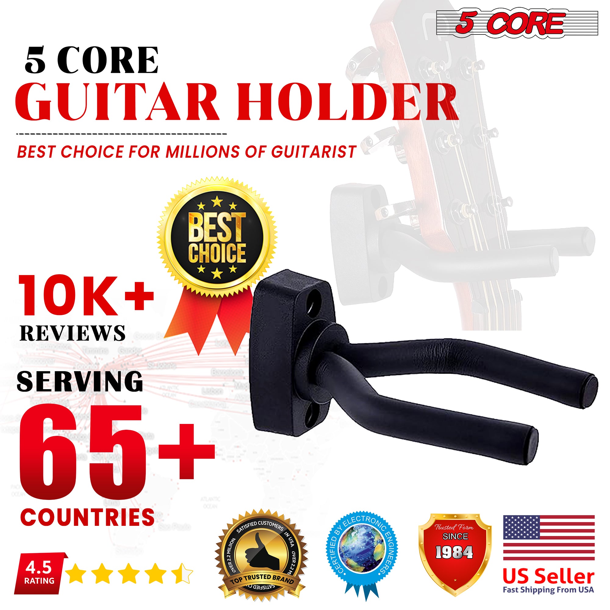 5 Core Guitar Wall Mount Hanger • Display Wall Hook w Screws • Soft Padding • Holder for All Guitars