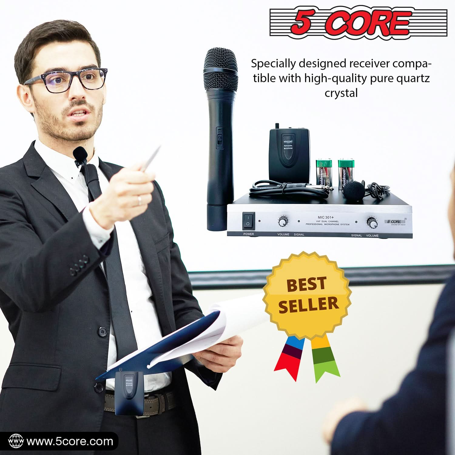 5Core Wireless Microphones w 1 VHF Dynamic Unidirectional Handheld Microfono Inalambrico & 1 Collar Mic with Receiver