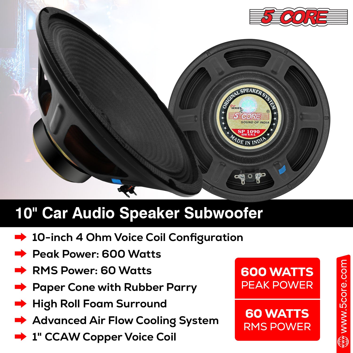 5Core 10 Inch Car Speakers 600W Peak Replacement Loud 4 Ohm Stereo Door Speaker Bocinas Para Carro