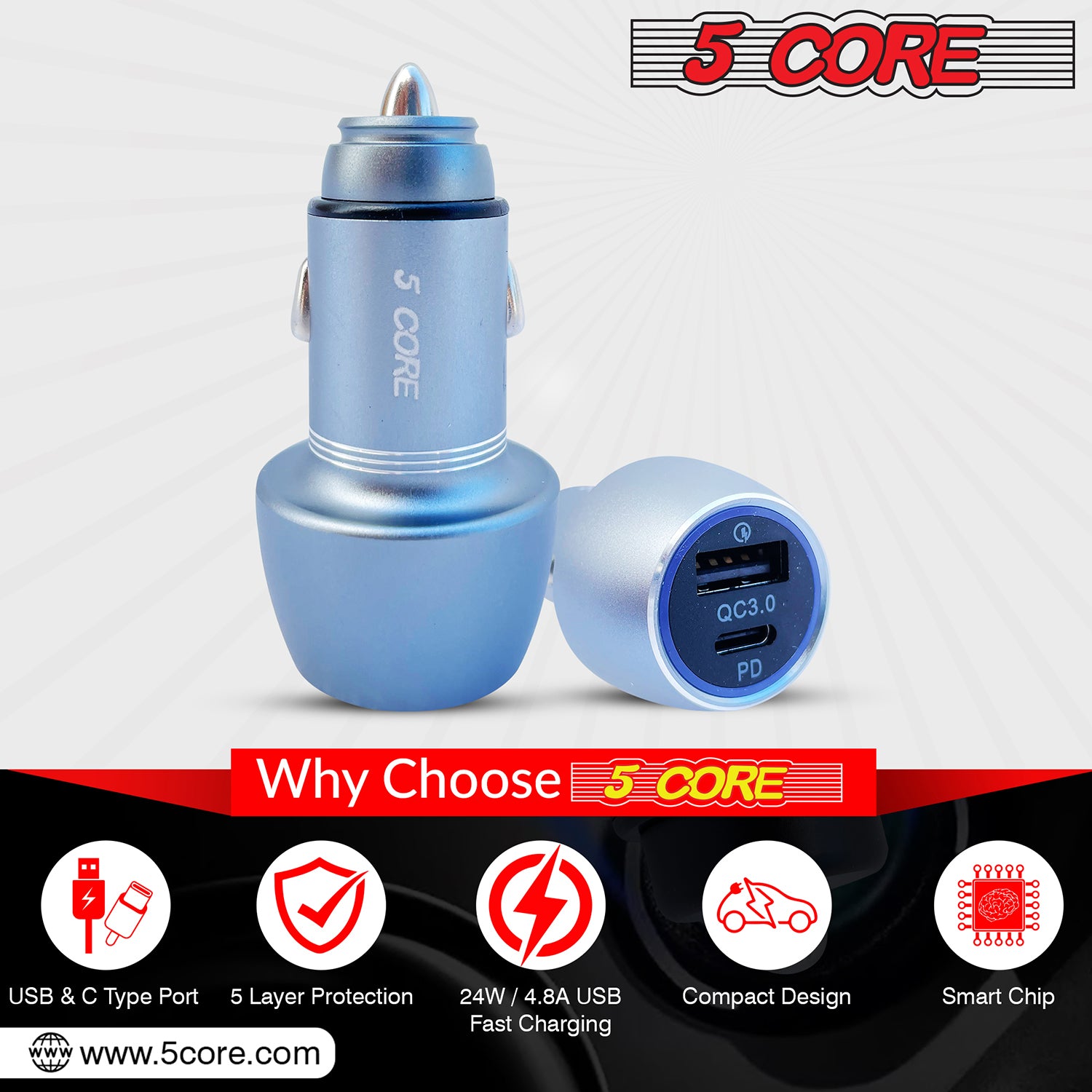 5Core USB Car Charger Cigarette Lighter Adapter 1 USB 1 Type C Port QC 3.0 36W Fast Charging