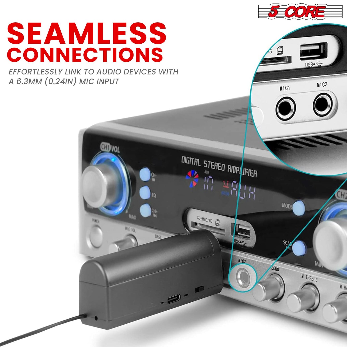 The wireless microphone system features a receiver that links seamlessly with any audio device for a flawless connection