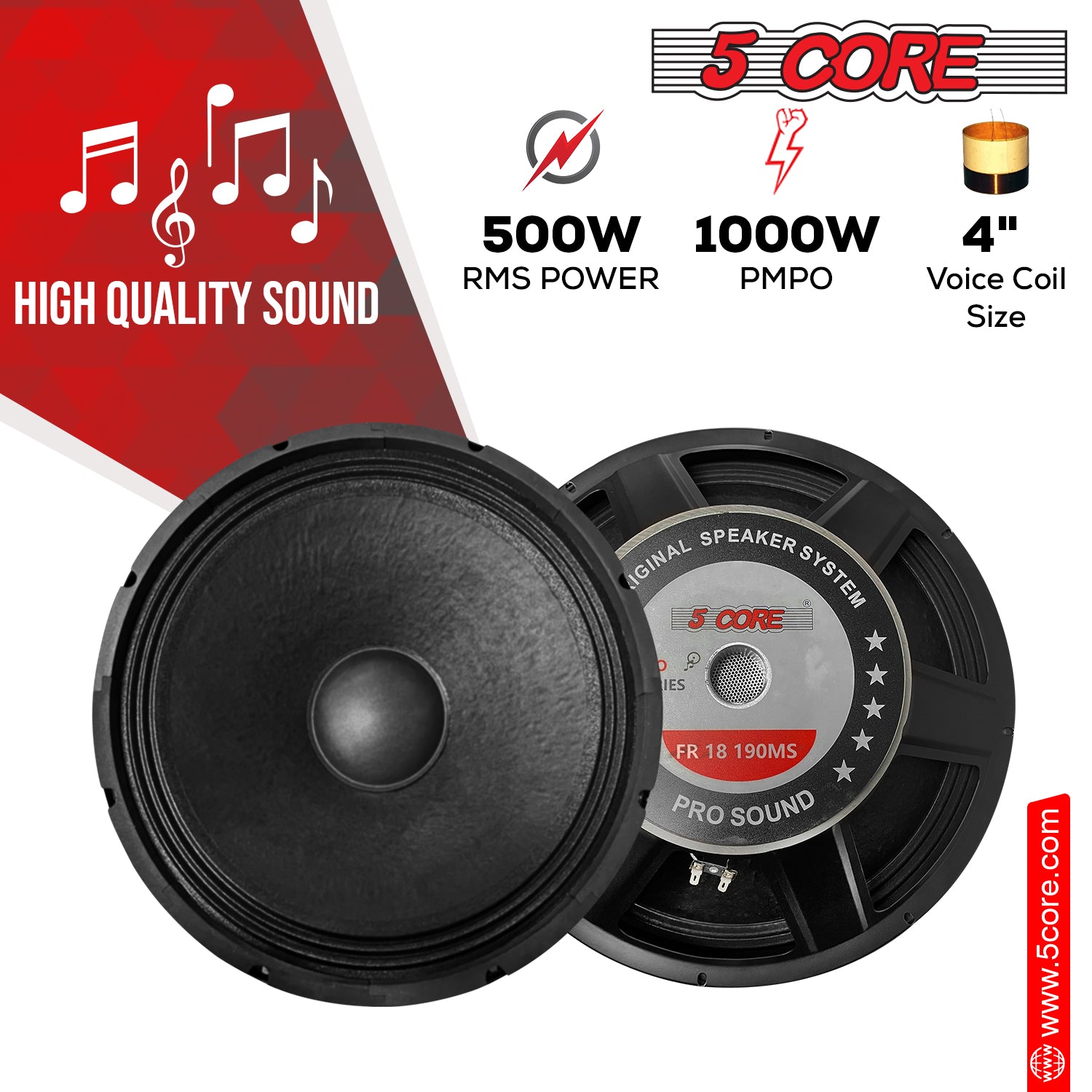 18 Inch Full Range Speaker, boasting 500W RMS, 1000w PMPO and a 4-inch CCAW Voice Coil for enhanced efficiency and performance.