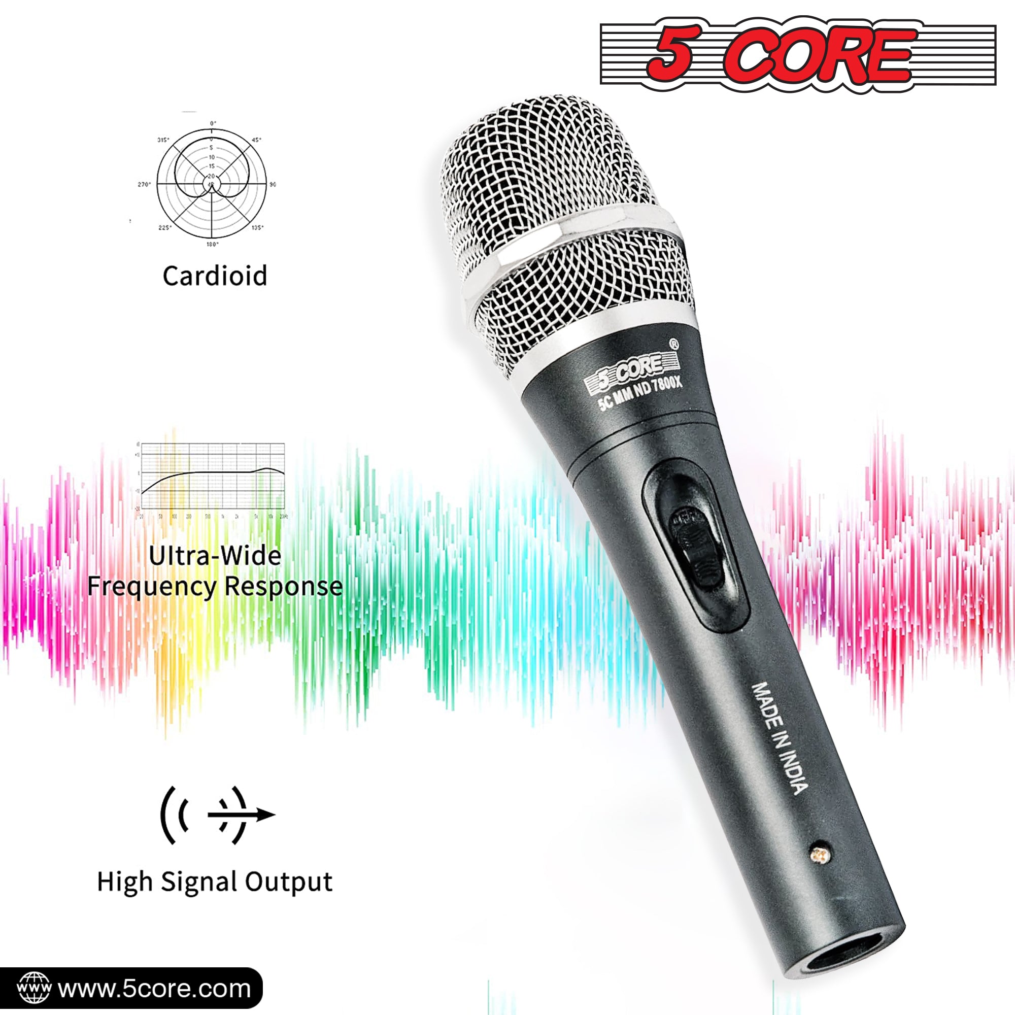 5 Core Microphone Professional Dynamic Karaoke XLR Wired Mic w ON/OFF Switch Pop Filter Cardioid Unidirectional Pickup Handheld Micrófono -ND-7800X