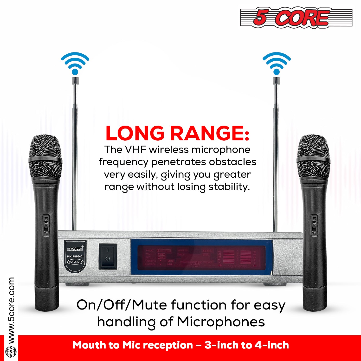 5 Core Professional Wireless Microphone System VHF Fixed Dual Frequency Microfono Inalambrico 100FT Range 2 Handheld Mics