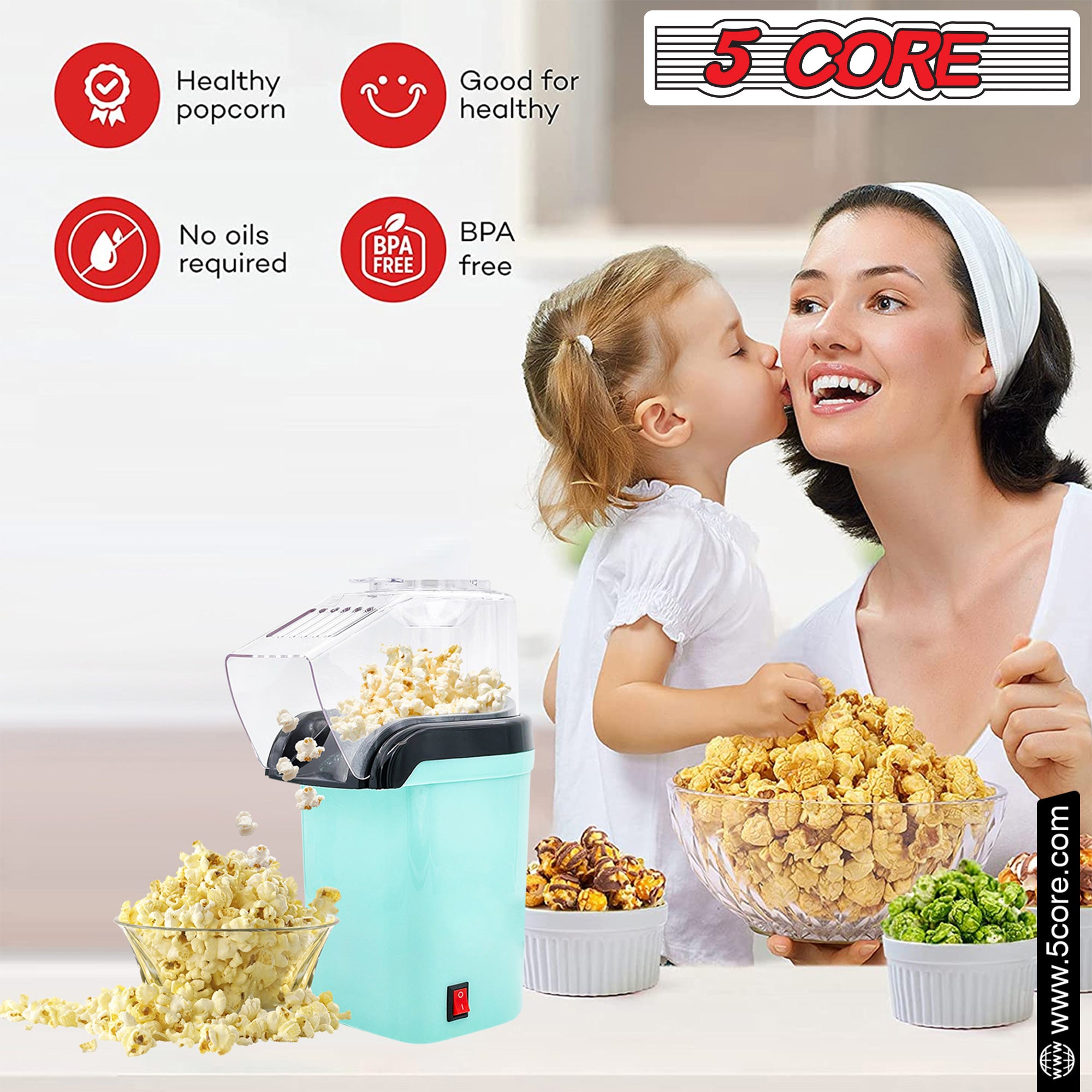 Hot Air Popper, Electric Popcorn Maker Machine with 1200W, No oil needed,  Healthy and Delicious Snack for Kids, Adults. Great for Holding Parties in