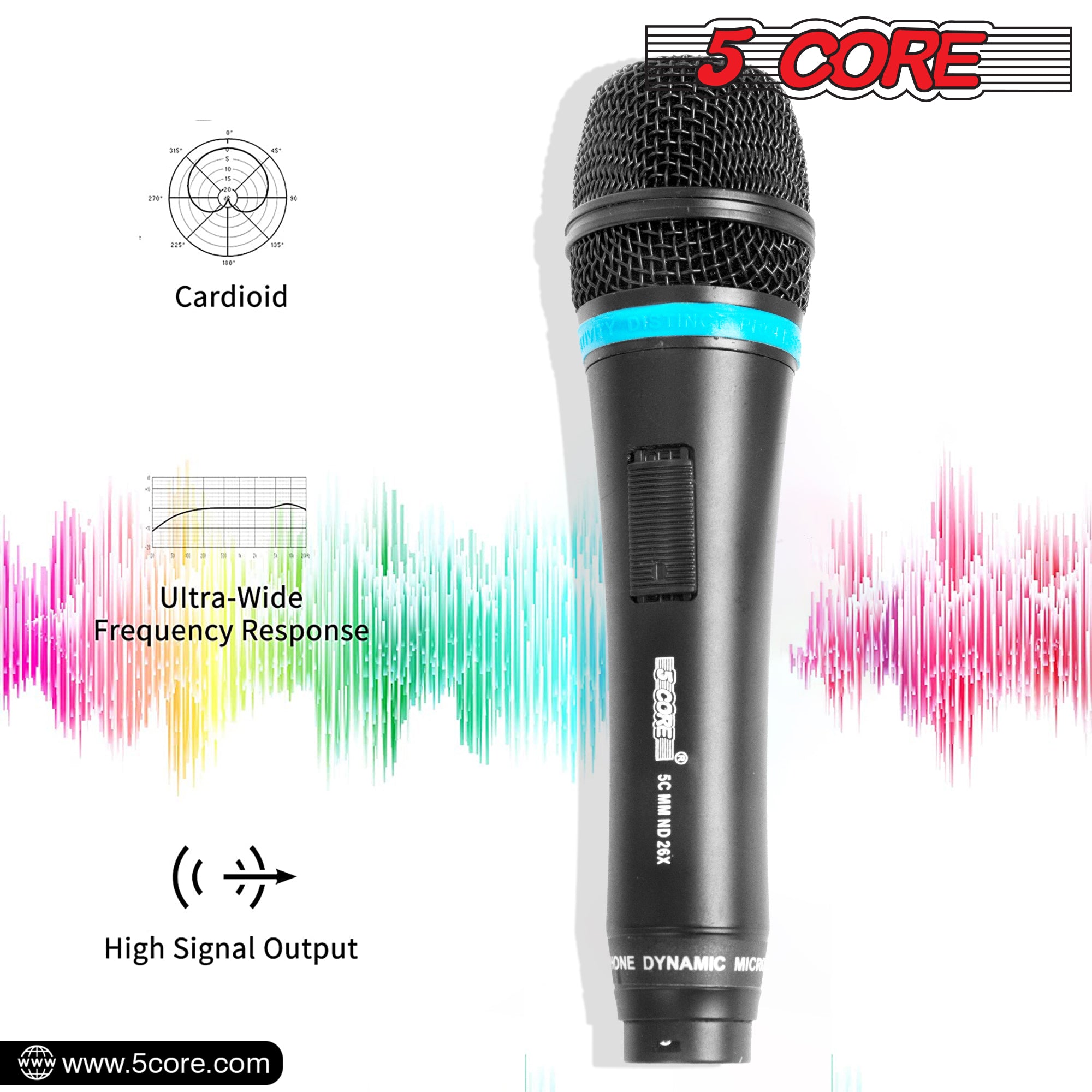 5 Core Microphone Professional Dynamic Karaoke XLR Wired Mic w ON/OFF Switch Pop Filter Cardioid Unidirectional Pickup Handheld Micrófono -ND-26X