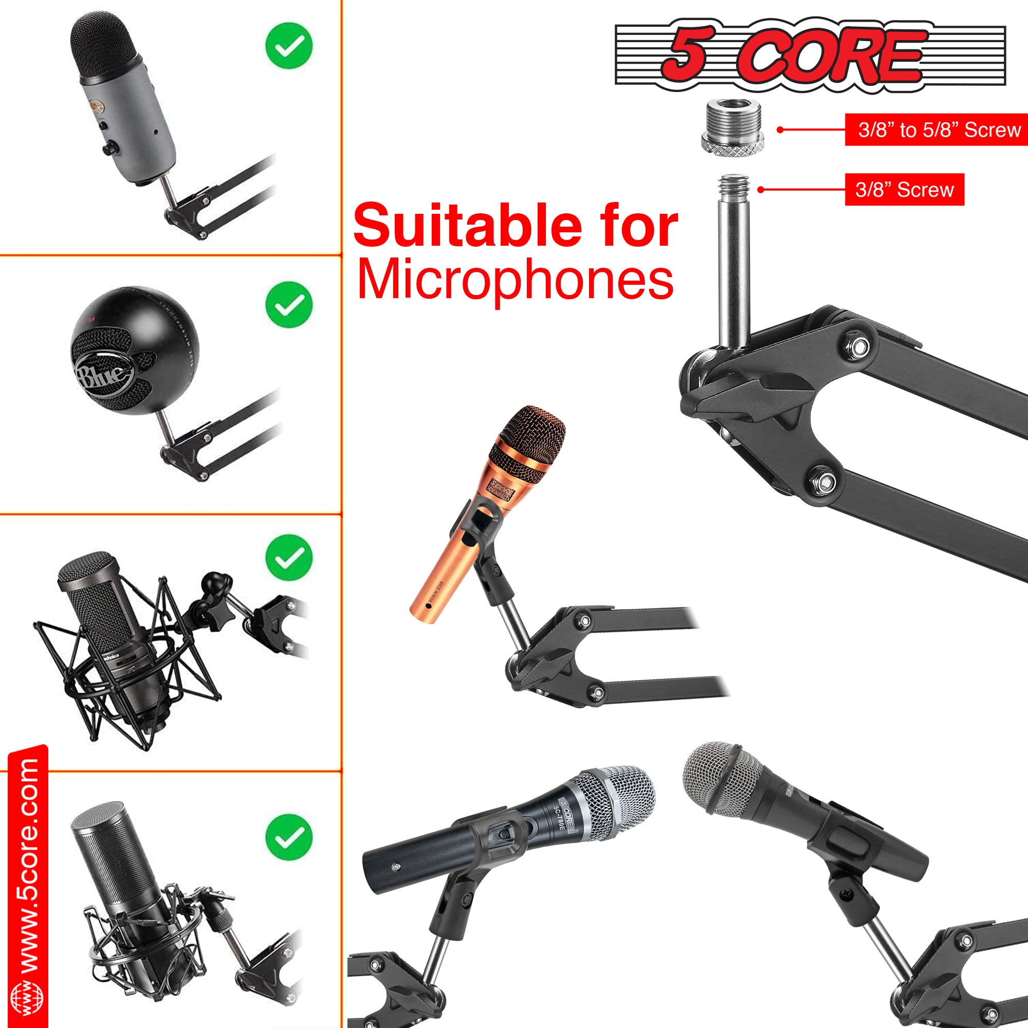 5 Core Podcast Equipment Bundle w Adjustable Suspension Boom Scissor Arm 3/8"to 5/8" Screw Adapter Shock Mount Pop Filter Cable Ties -ARM SET 16