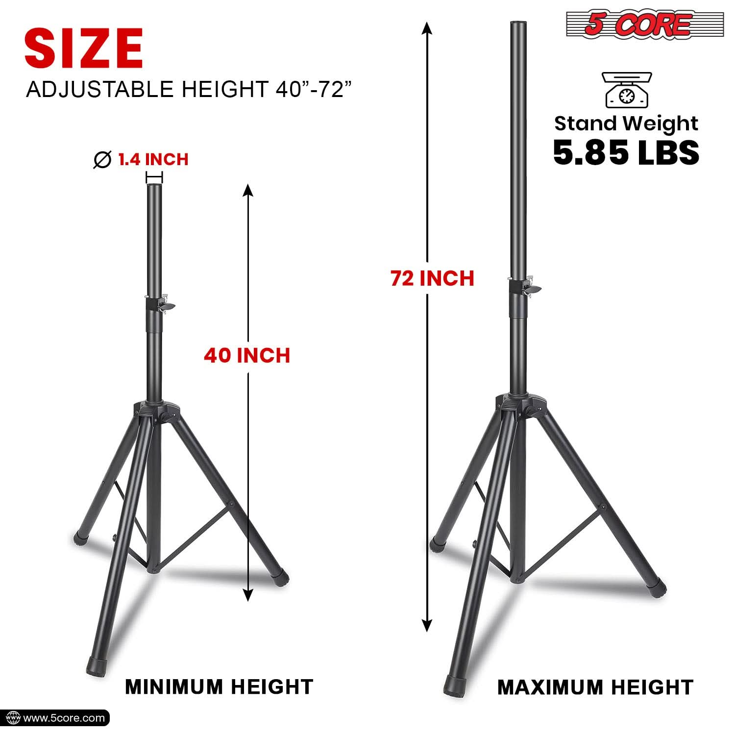 5 Core Speaker Stand Tripod Heavy Duty Adjustable Up to 72 Inch DJ Studio Monitor Stands Pole Mount Black