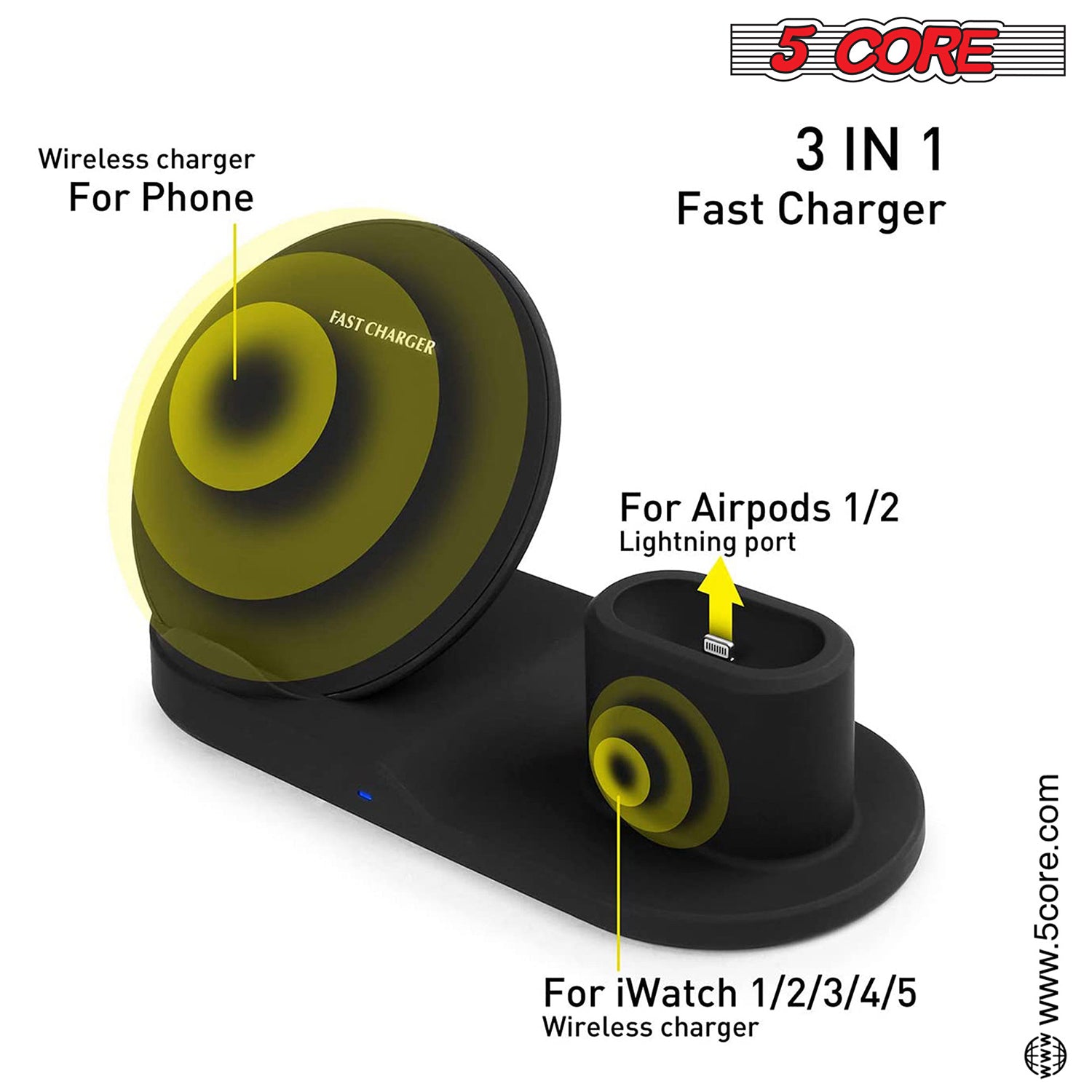 5 Core Wireless Charging Station  10W 3 in 1 Fast Phone Watch Earpod Wireless Charging Stand