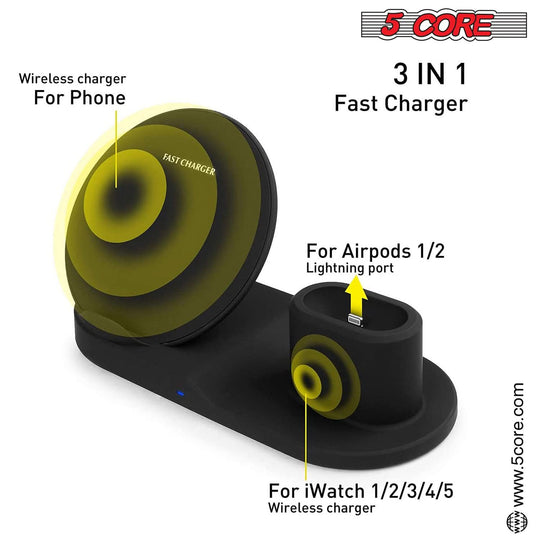 5 Core Wireless Charging Dock: 3-in-1 fast charger for phone, watch, and earpods.