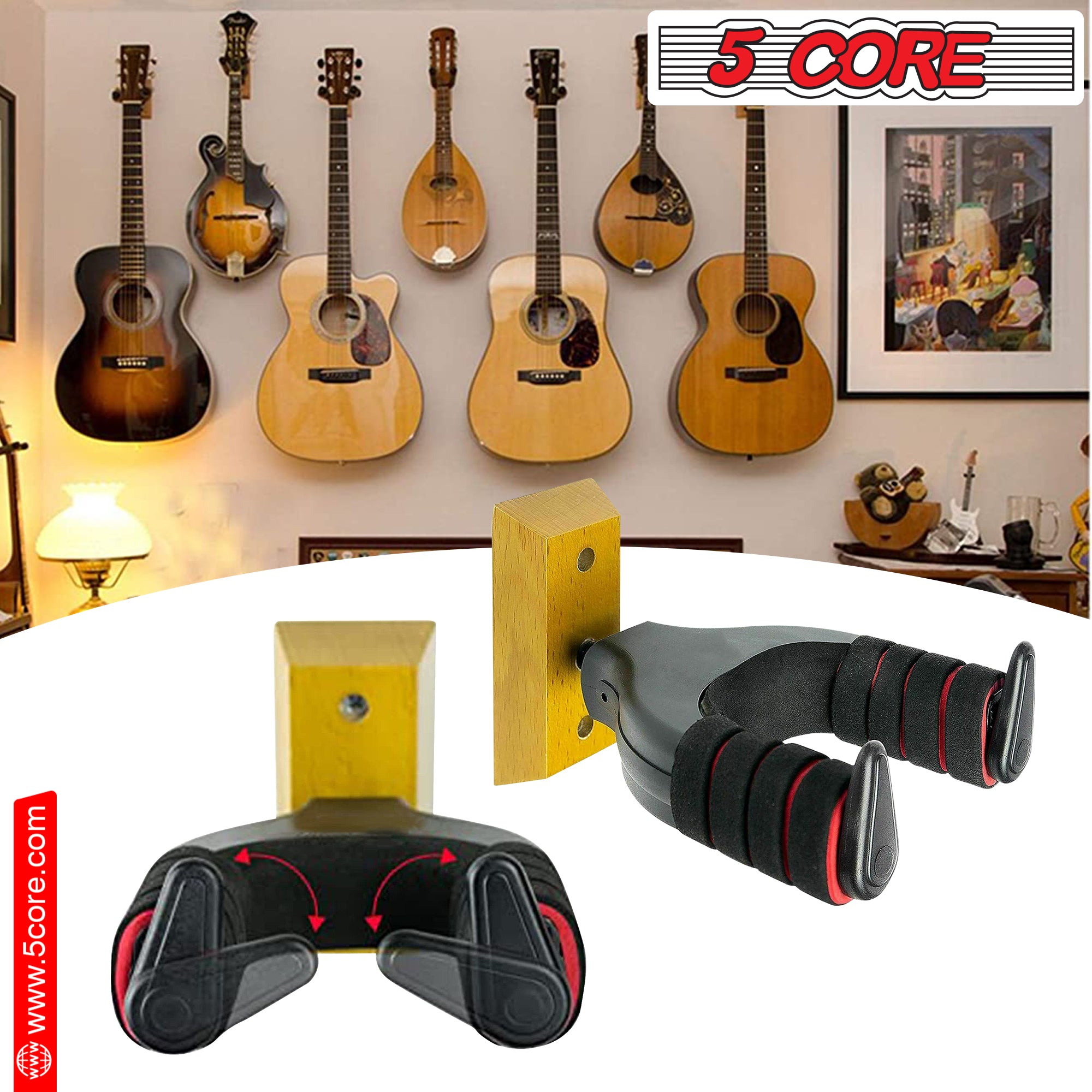 5Core Guitar Wall Mount Hanger Adjustable Rotatable Guitar Wall Holder Hook w Soft Padding