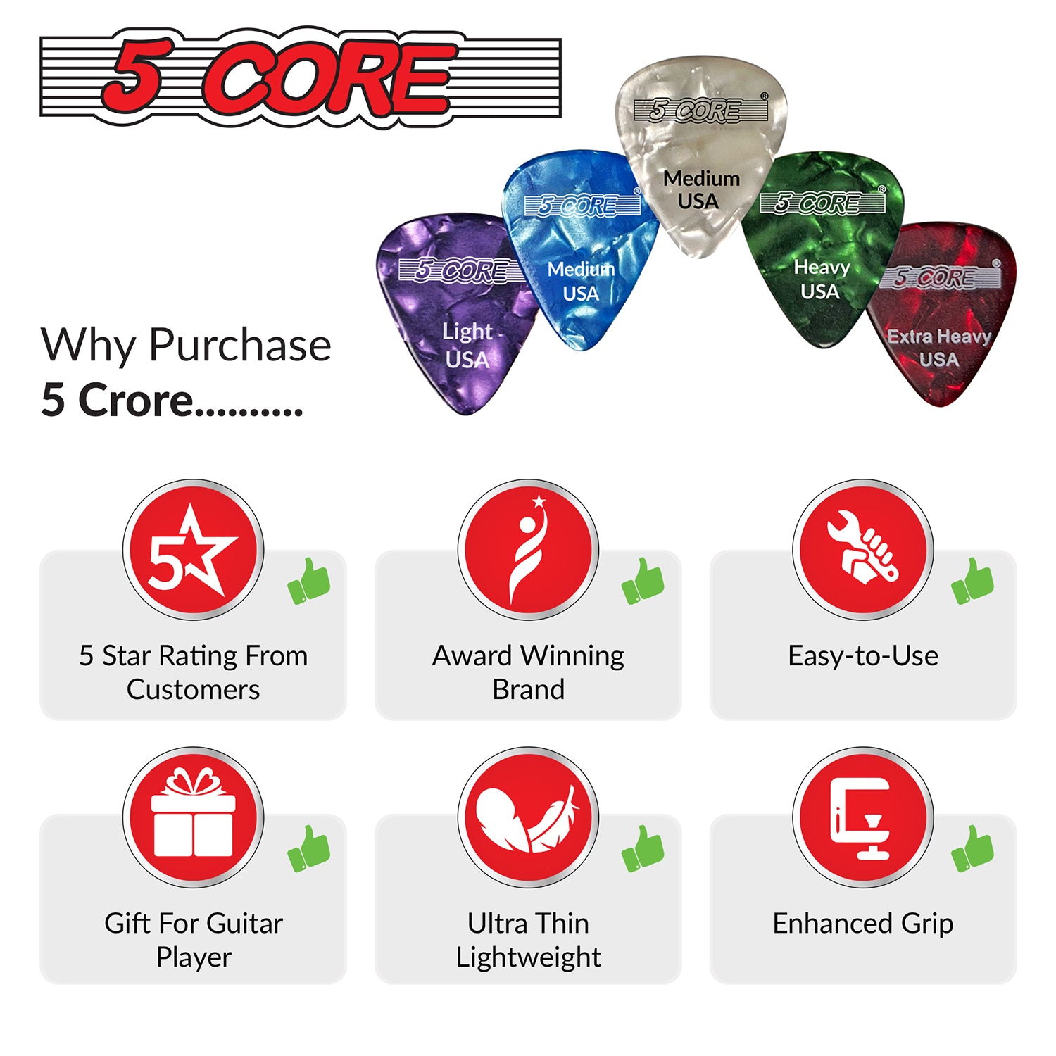 5 Core Celluloid Guitar Picks 96 Pack Green Light Medium Heavy Extra Heavy Gauge Plectrums for Acoustic Electric Bass Guitar