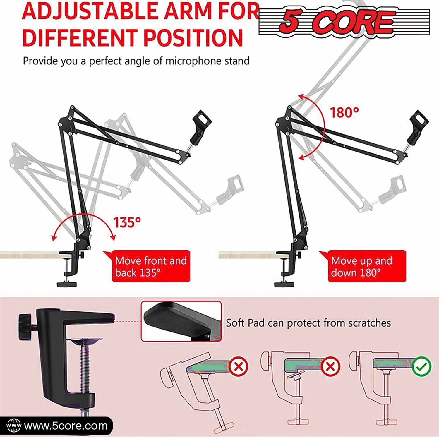 5Core Microphone Boom Arm Desk Mic Stand Adjustable Clamp Suspension Boom Stands BLACK