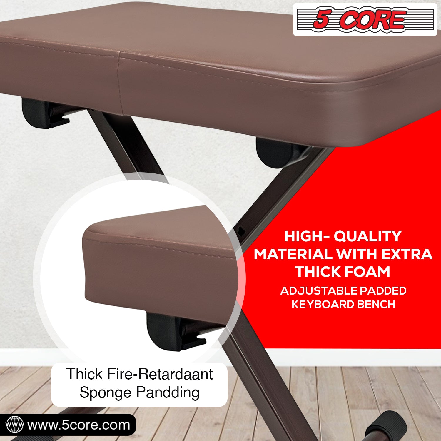 5 Core Adjustable Keyboard Bench 18.5 - 24.2 Inch Heavy Duty X style Bench Piano Stool Chair Thick And Padded Comfortable Guitar Stools -KBB BR HD