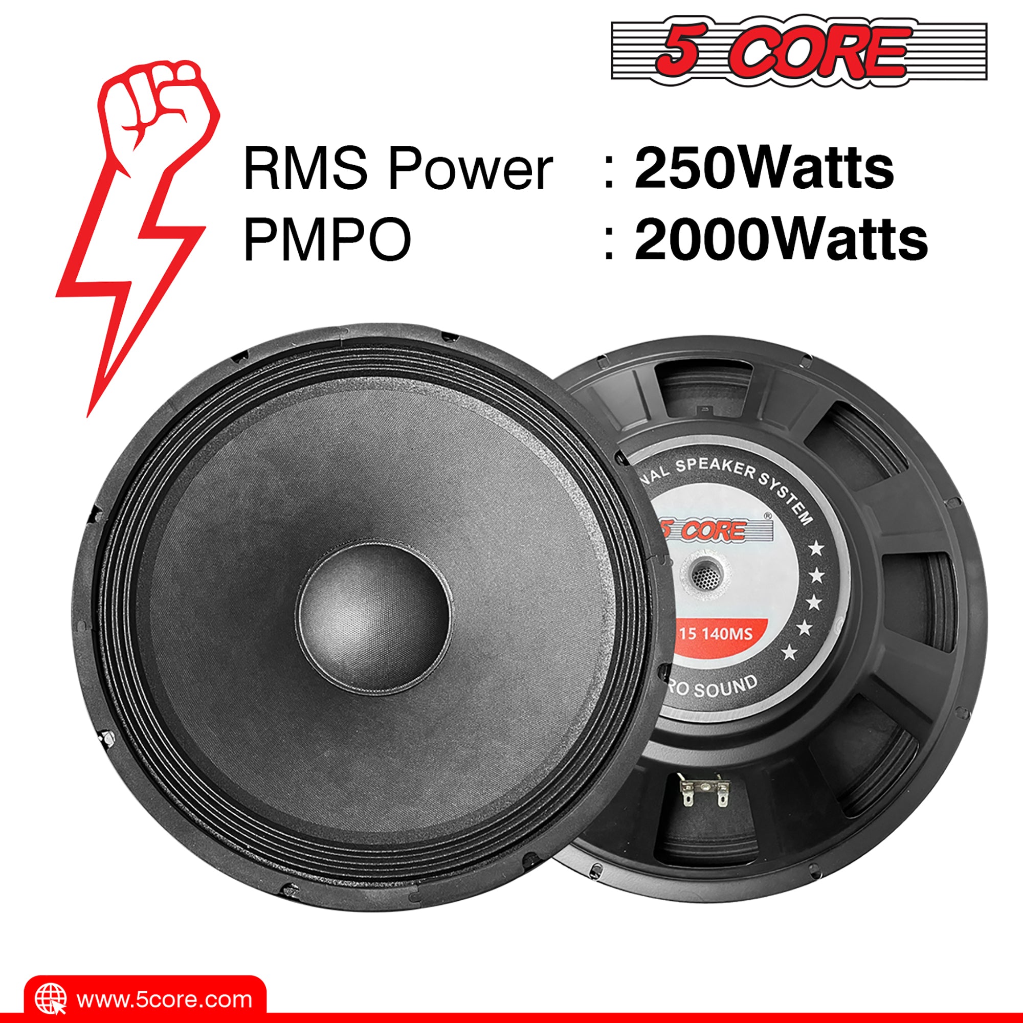 5 Core 15 Inch Subwoofer Speaker 250W RMS Full Range DJ Sub Woofer Systems 8 Ohm 60 OZ Magnet Raw Replacement Stereo Subwoofers -FR 15 140 MS