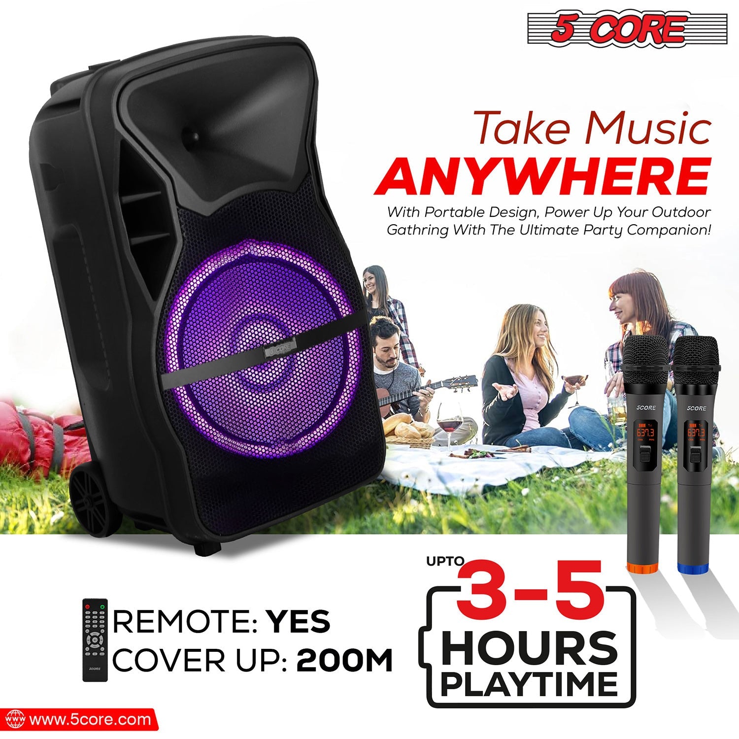 5Core Karaoke Machine: Portable party speaker with Bluetooth, 2 wireless mics, and powerful PA system for DJs.
